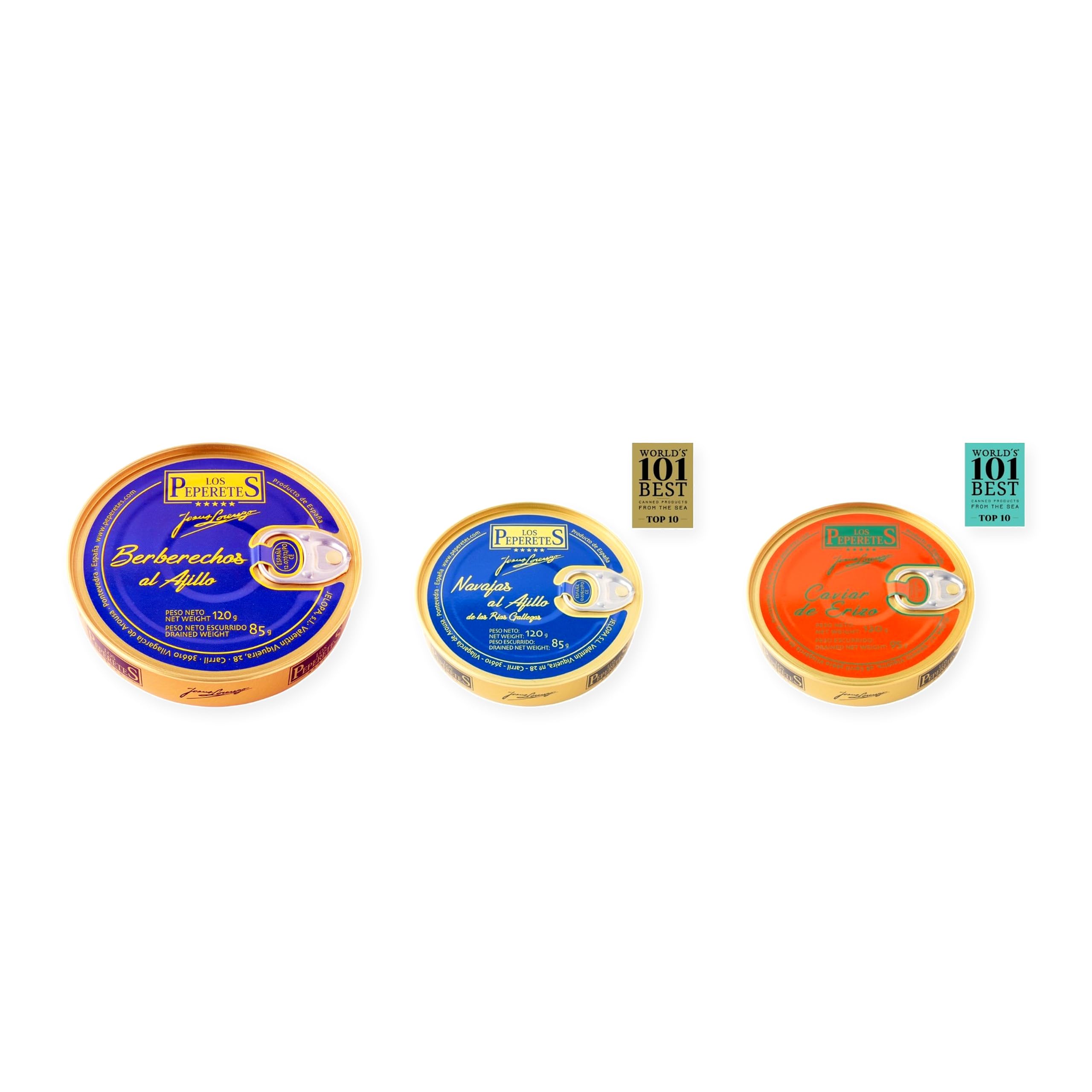 los peperetes conservas Berberechos Ajillo, Navajas Ajillo y Caviar Erizo pack 3 latas