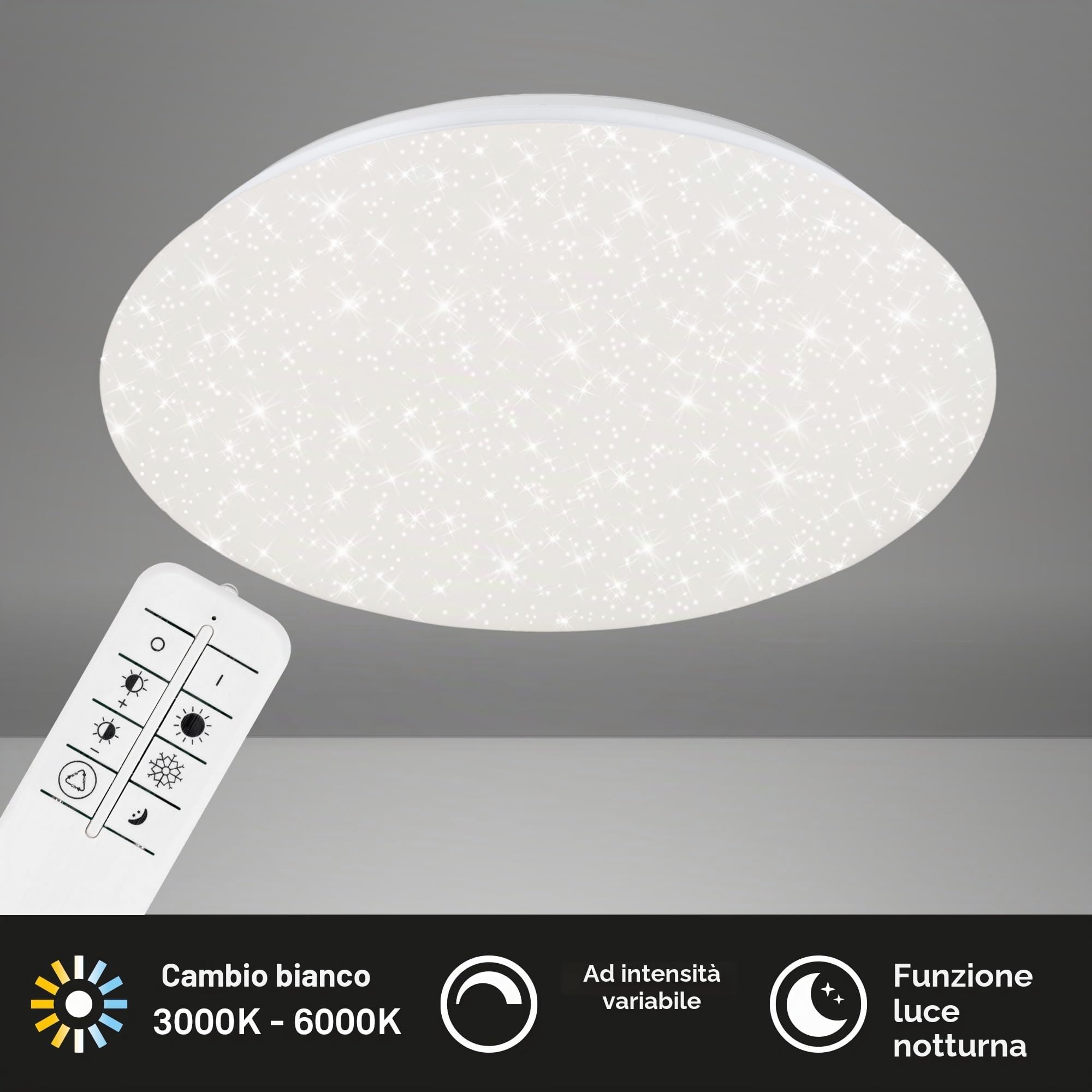 Briloner Leuchten 3328-016 Plafoniera a LED da Soffitto – Dimmerabile, Design con Stelle, Regolazione della Temperatura di Colore con Telecomando, 48 Watt, 4000 Lm, da 3000 a 6000 K – Bianco
