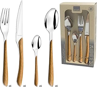 AMEFA - Ménagère 24 couverts de table pour 6 personnes - Eclat Nature - Acier inoxydable 18/0, Finition Brillante - Bois Clair