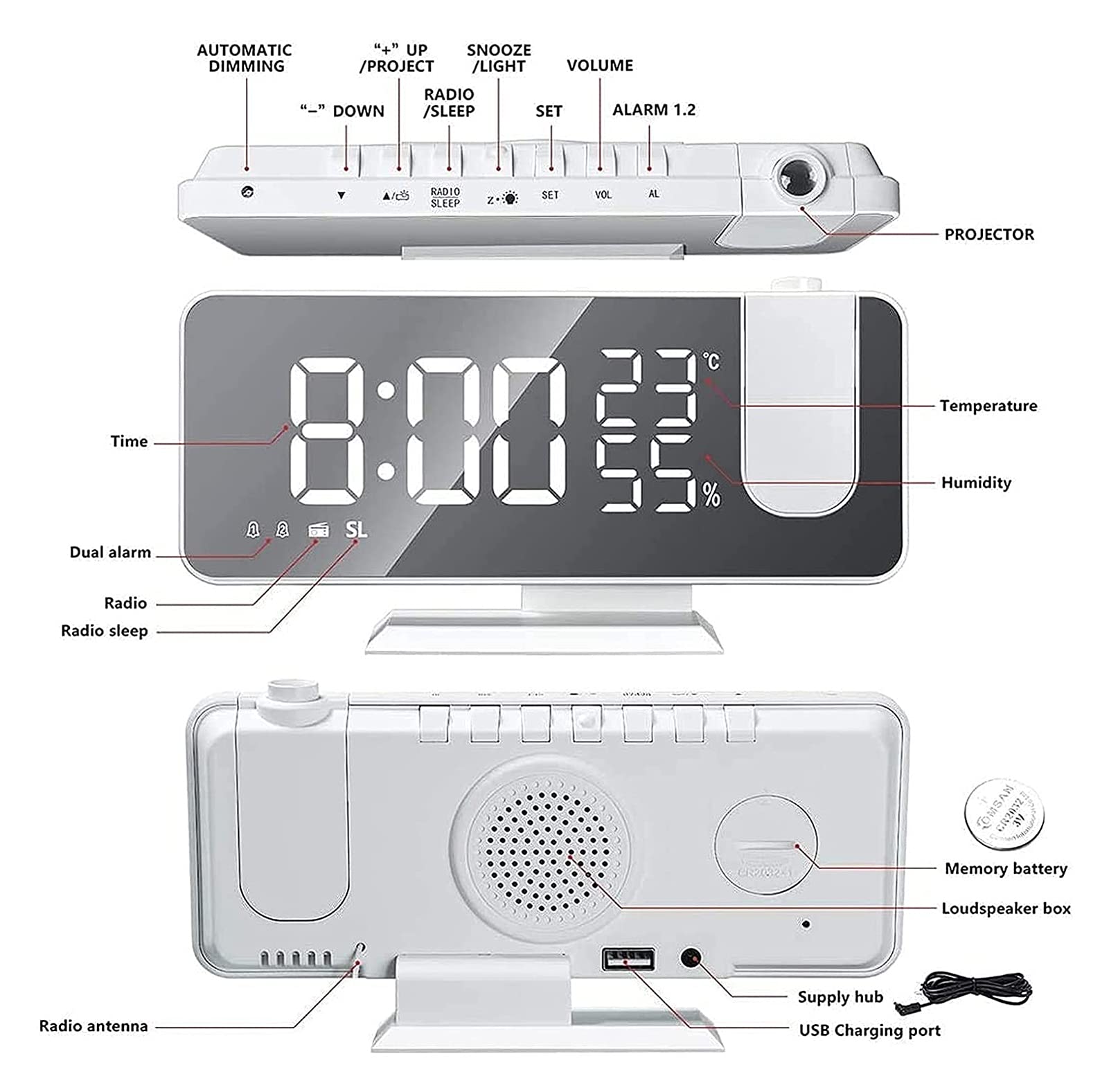 WTL Despertador Reloj de alarma digital de proyección con FM Radio, 7.3 DIRIGIÓ Pantalla de espejo GRAND DIGIT, 180 ° Proyector Modern Mirror Superficie Reloj de alarma con función Snooze / 2 sonidos