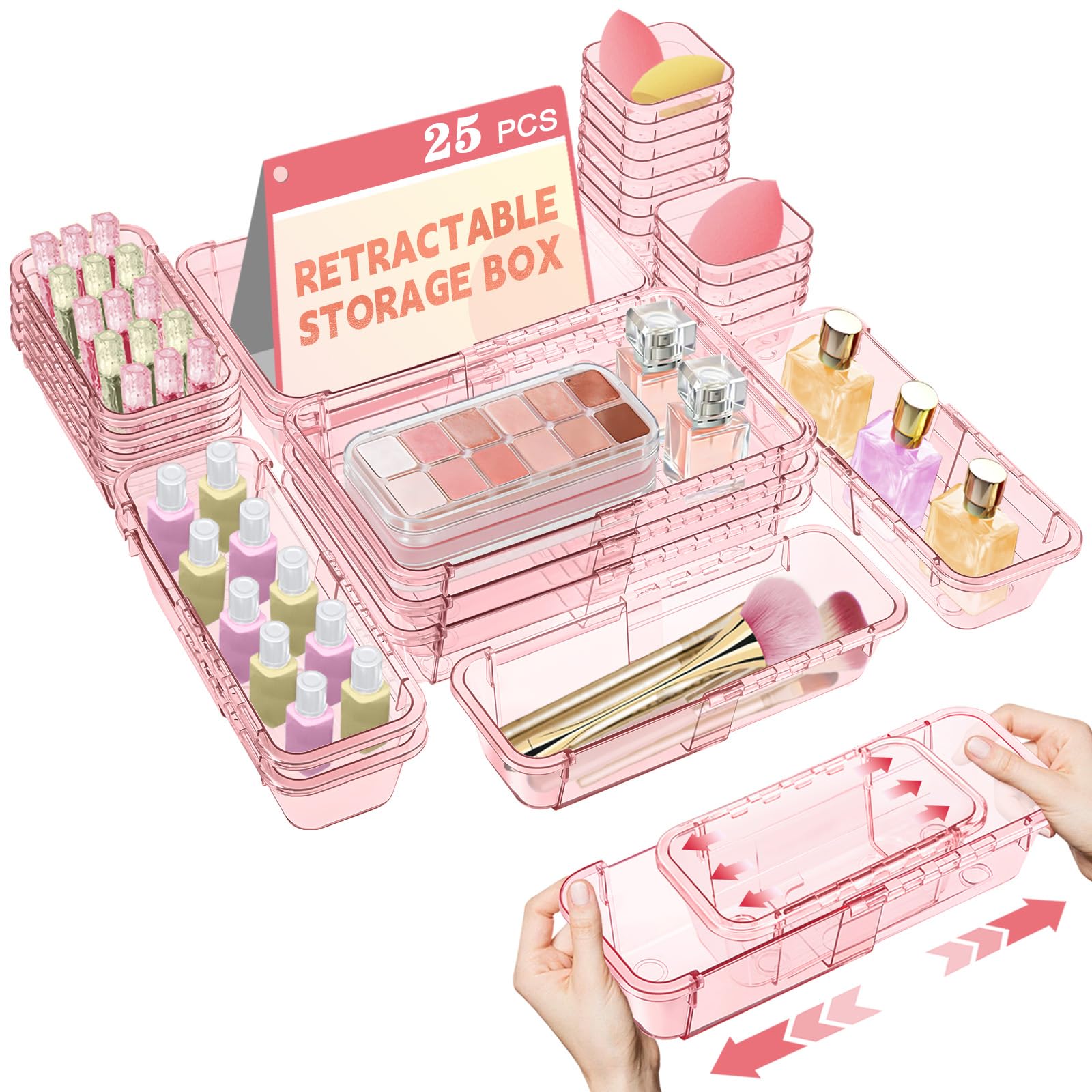 25 organizer trasparenti per cassetti, regolabili, organizer per cassetti da scrivania, 3 dimensioni, contenitori in acrilico per trucco, utensili da cucina, cassettiere per camera da letto, organizer