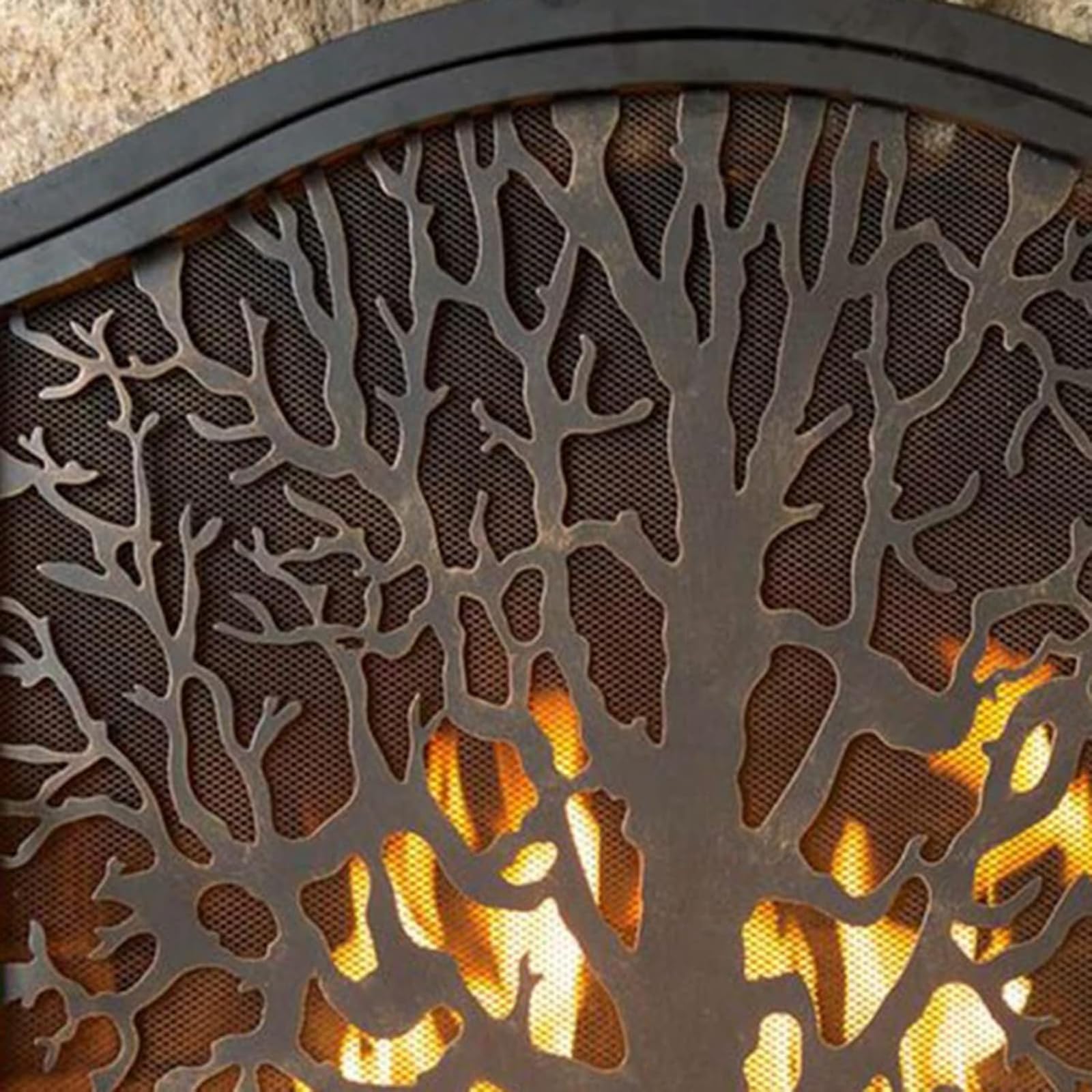 Paravento per camino in ferro battuto con porte, parascintille a forma di albero in metallo, pannello piatto autonomo per camini a legna e carbone