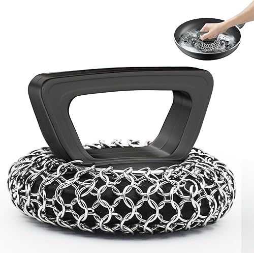 Amagabeli Cast Iron Cleaner with Handle Stainless Steel Chainmail Pan