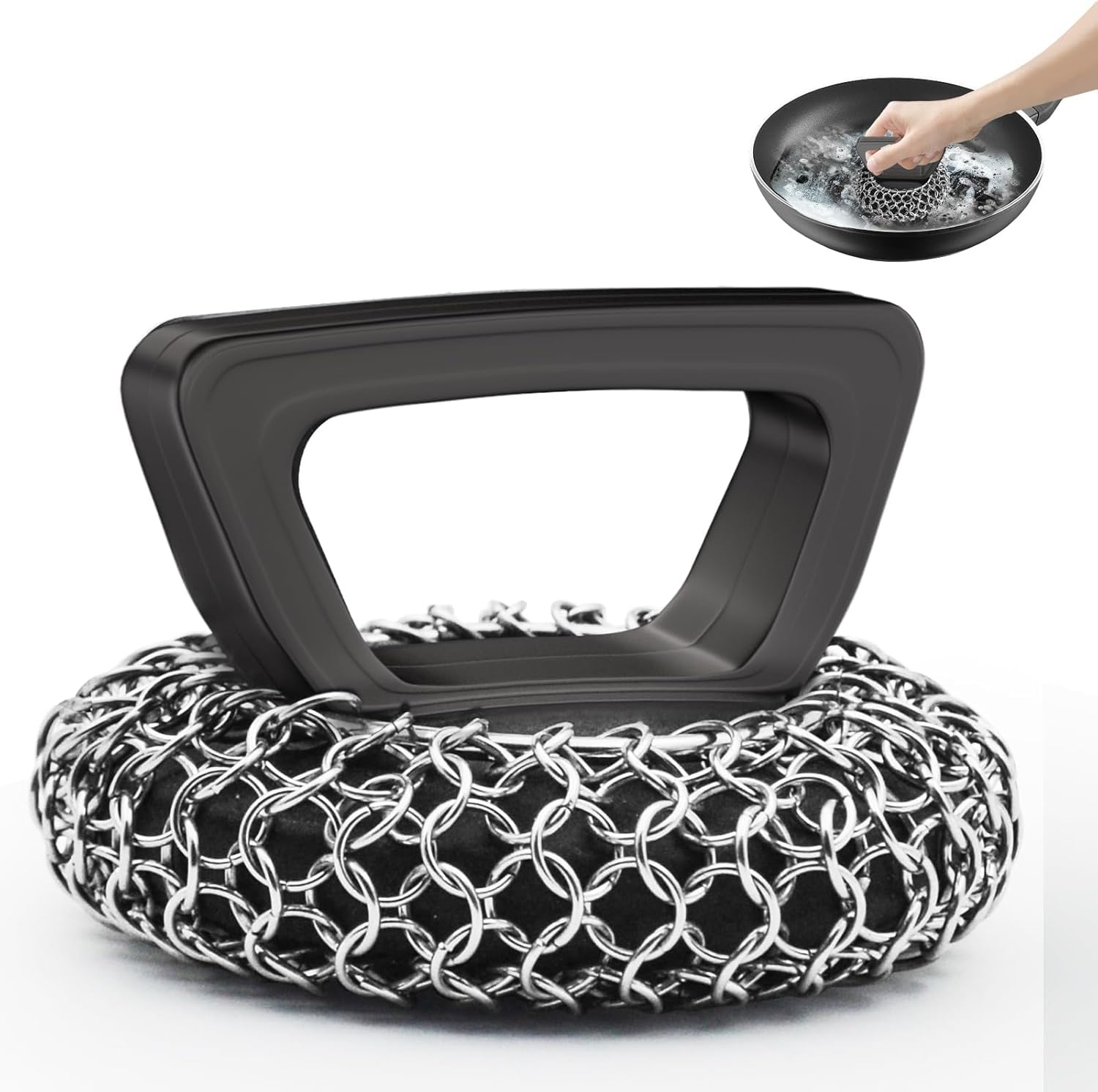 Amagabeli Cast Iron Cleaner with Silicone Handle Stainless Steel Chainmail Pan Scrubber for Cast Iron Skillet Cleaner Chain Mail Scrubber Brush Pan Pot Wok Griddles BBQ Grills
