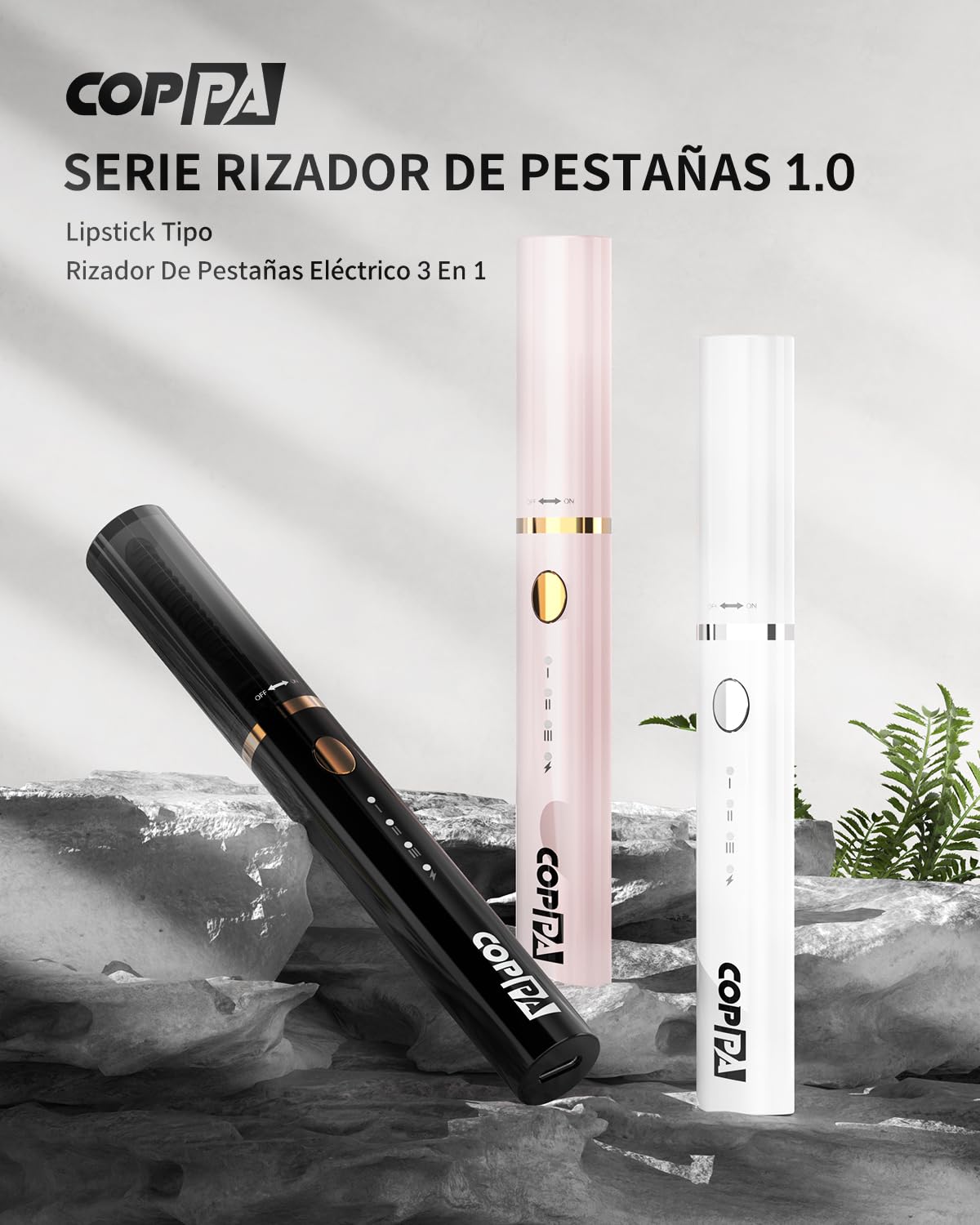COPPA Rizador Pestañas Calentado, LP-1 LP-1 Lipstick Tipo Rizador de Pestañas Eléctrico 3 en 1 con 3 Cabezales 3 Modos de Curling y 3 Temp & 5s Calentamiento para Principiantes y Makeup Pros, Negro