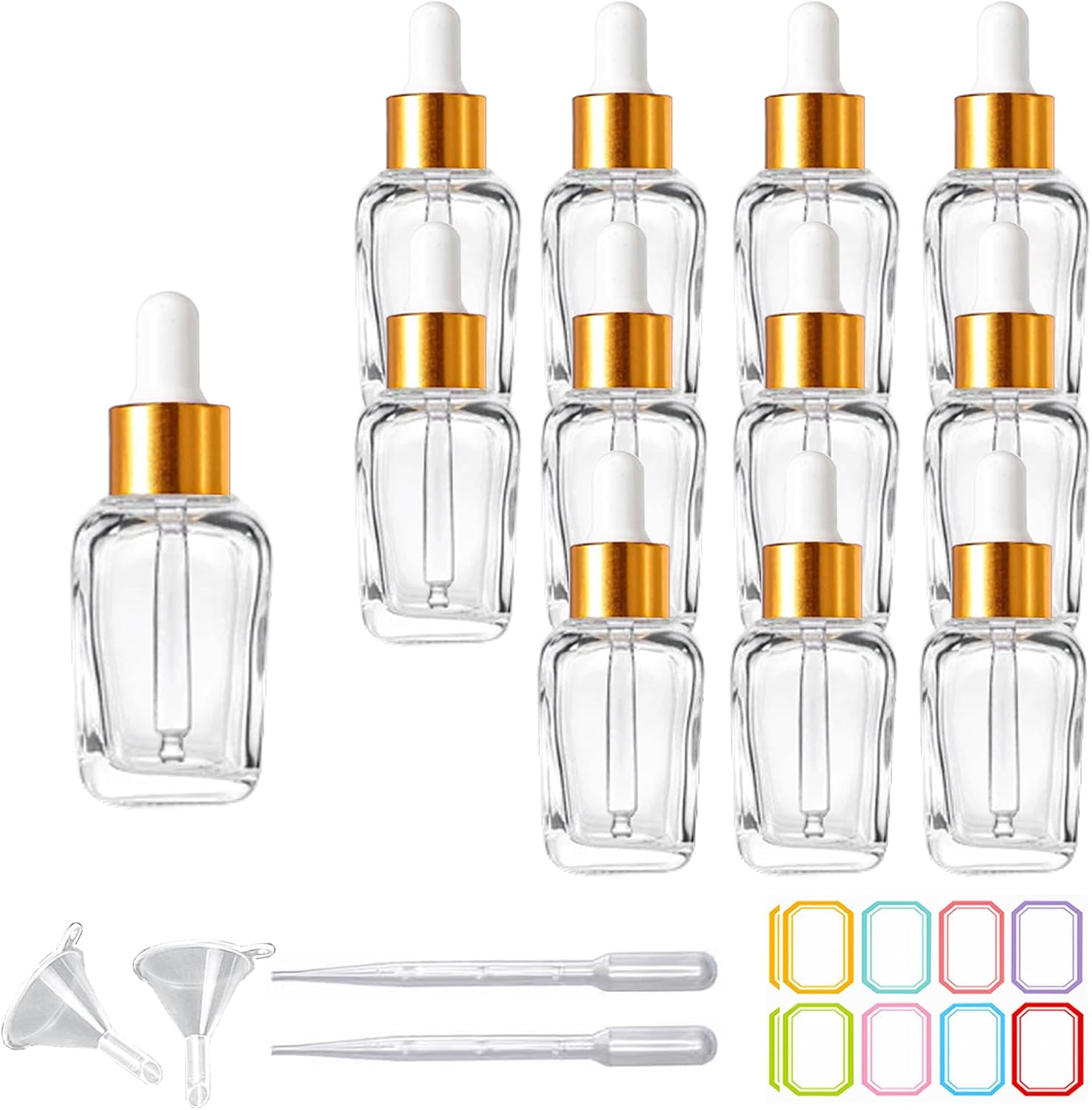 12Pcs 15ml Square Dropper Bottles for Essential Oils, 15ml Square Glass Bottles with Eye Droppers,Tincture Bottles,for Essential Oils,Liquids,perfume Travel (Clear/Gold cap, 15ml)