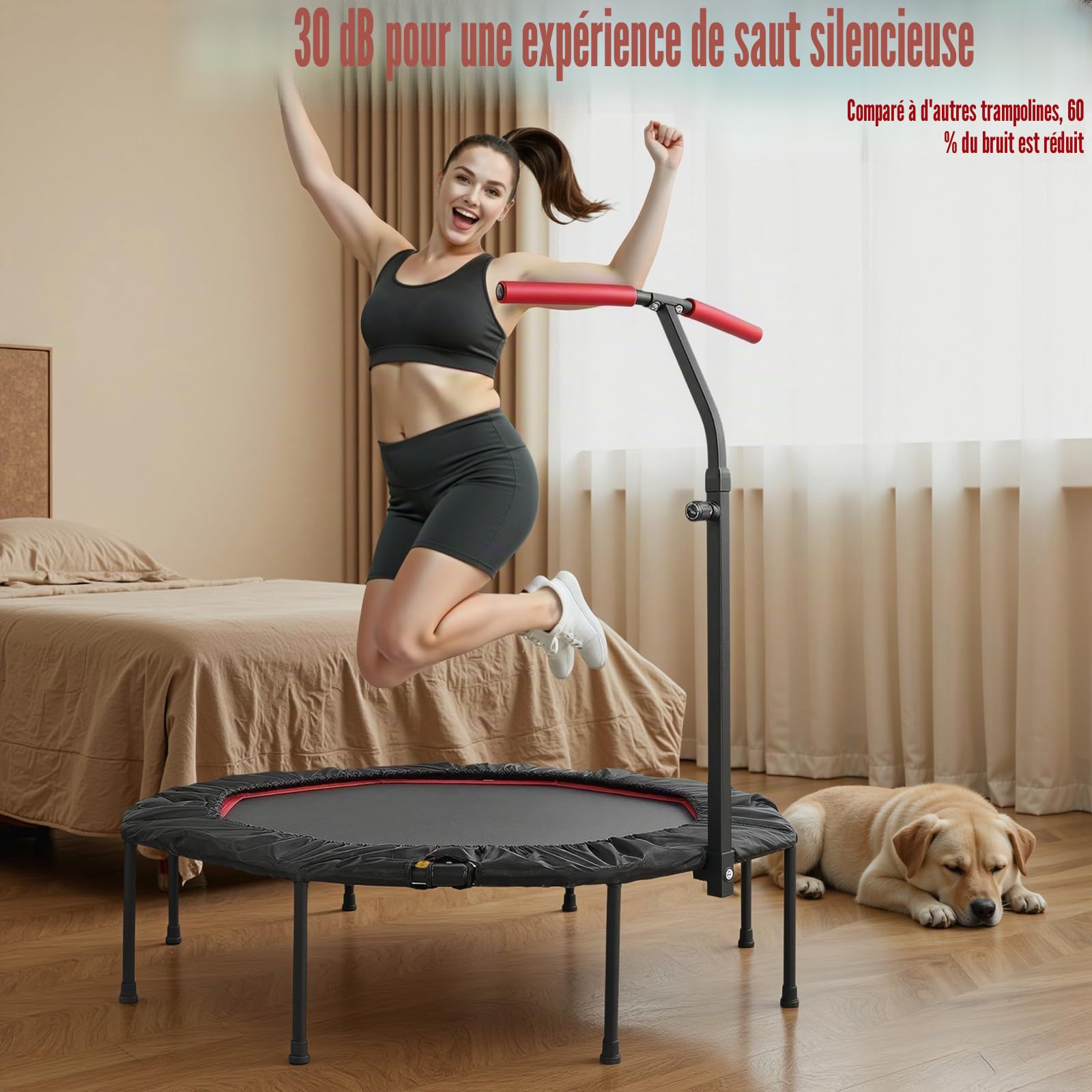 LIFERUN Mini Trampoline d'intérieur pour Adultes Ø 128 cm,Petit Trampoline de Fitness,Saut rebondissant,Capacité de Charge 150 kg,Corde en Caoutchouc,Poignées réglables en Hauteur,Maison, Rouge