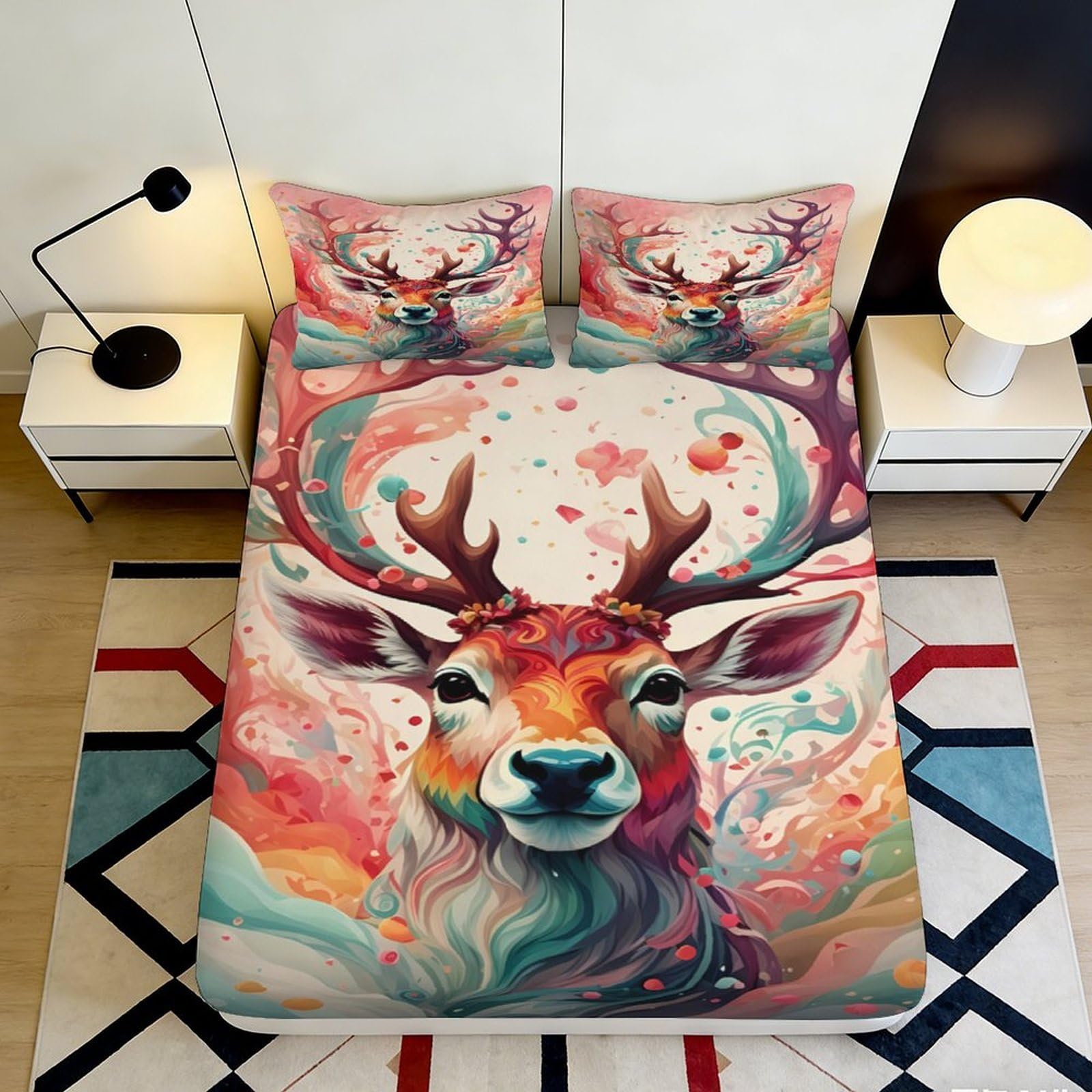 3D Printed Colorful Deer Art Fitted Sheet Microfiber Soft Anti-Slip Forest Antlers Bed Cover for Bedroom Dorm Decor 200x200x25cm
