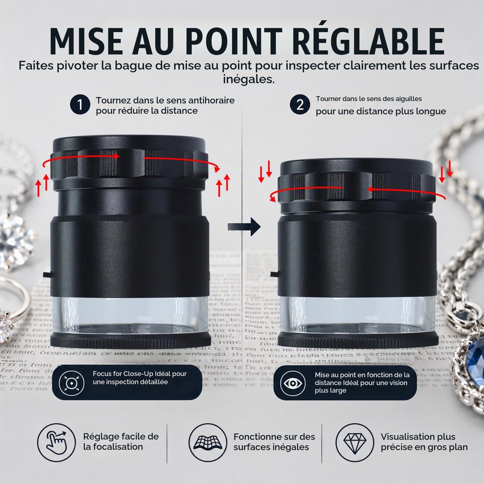 Loupe de bijoutier 10x avec échelle Rechargeable lumières LED lentille 25mm