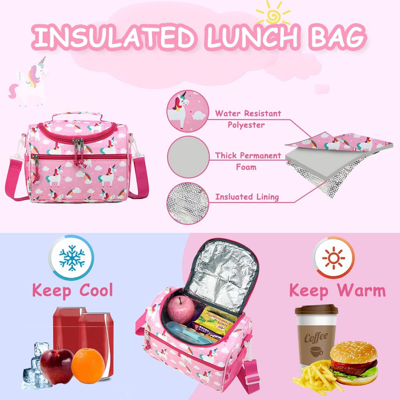 RAVUO Lunch Box for Girls Water Resistant Insulated Cute Kids Lunch Tote Bag with Detachable Shoulder Strap 6.5L - Image 5