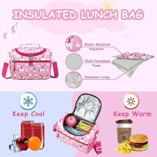 Miniatura 4 de RAVUO Lonchera para niñas, resistente al agua, aislada, linda bolsa de almuerzo para niños con correa de hombro desmontable