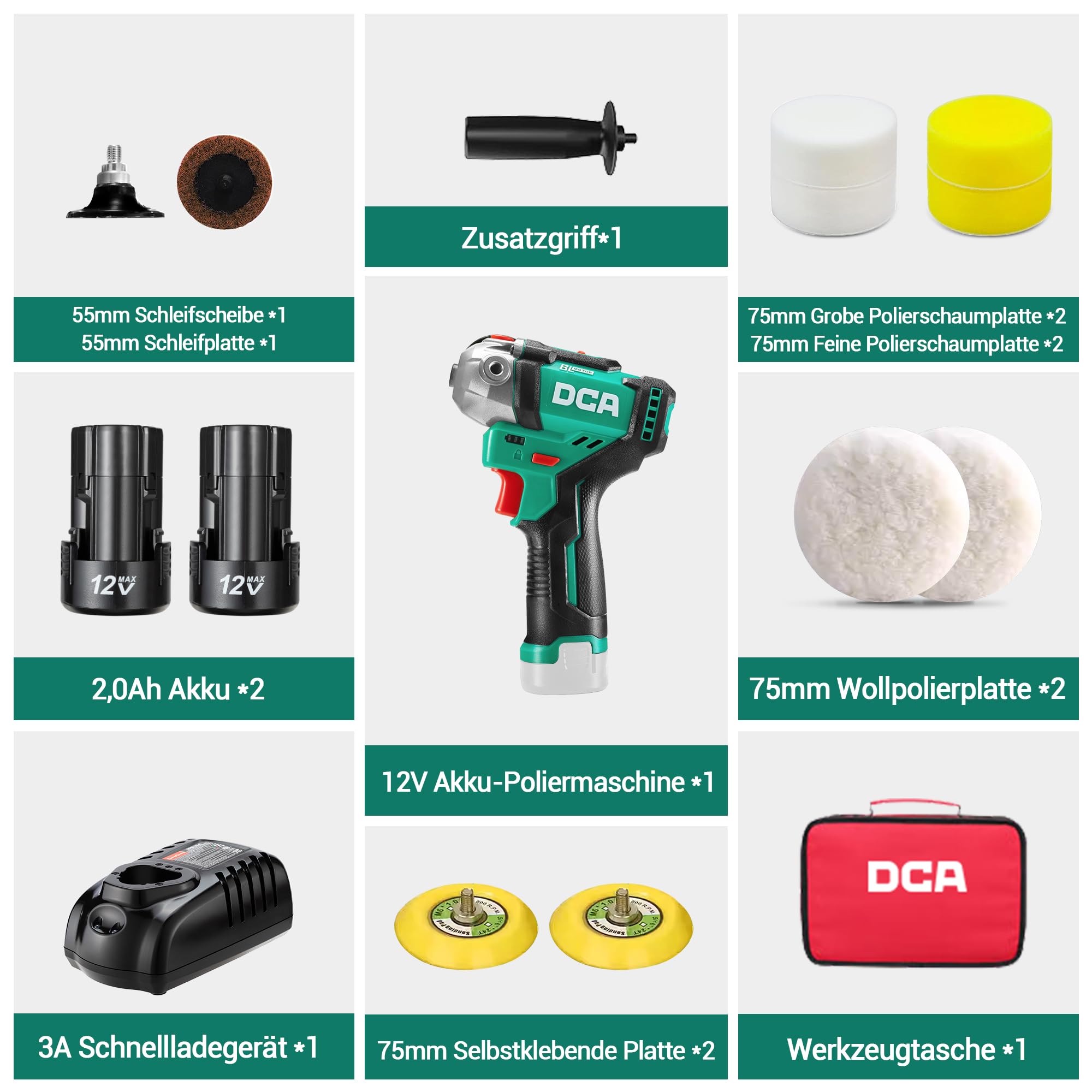 DCA Mini Poliermaschine Auto, 12V Akku Poliermaschine, 75mm Bürstenlose Auto Polierer und 50mm Schleifmaschine, 2x 2,0Ah Akkus, 2 Geschwindigkeit 2800-8300 U/min für die Autopflege Schleifen/Wachsen