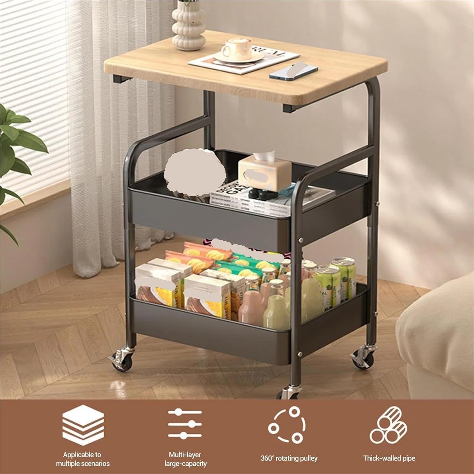 Carrello portaoggetti con rotelle a 3 livelli piano in legno