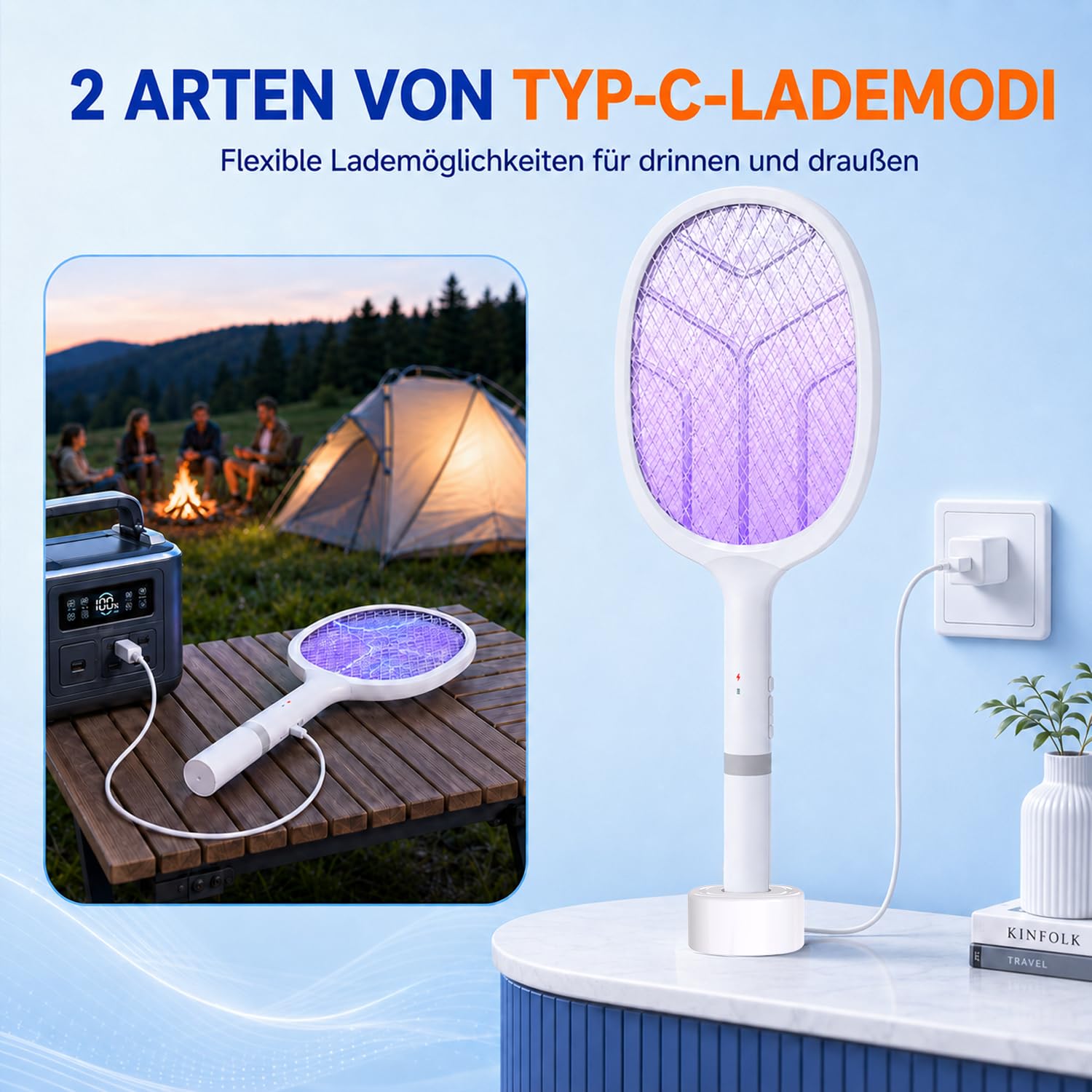 Elektrische Fliegenklatsche: 4800V Fliegenklatsche Elektrisch mit UV Lichtfalle, 2 in 1 USB mit 2000 mAh Akku Aufladbar Abnehmbar Elektro Mückenklatsche mit Ladestation, für Mücken-One