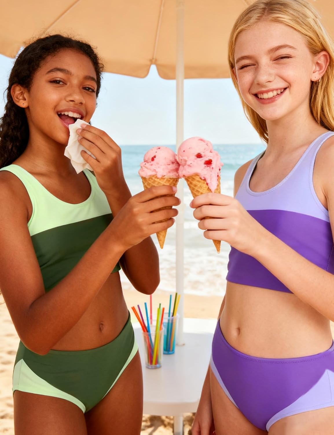 Kids4ever Girls Swimsuit 2 Piece Color Block Teen Bathing Suit Girl's Bikini Set Size 9-16Y - Image 3