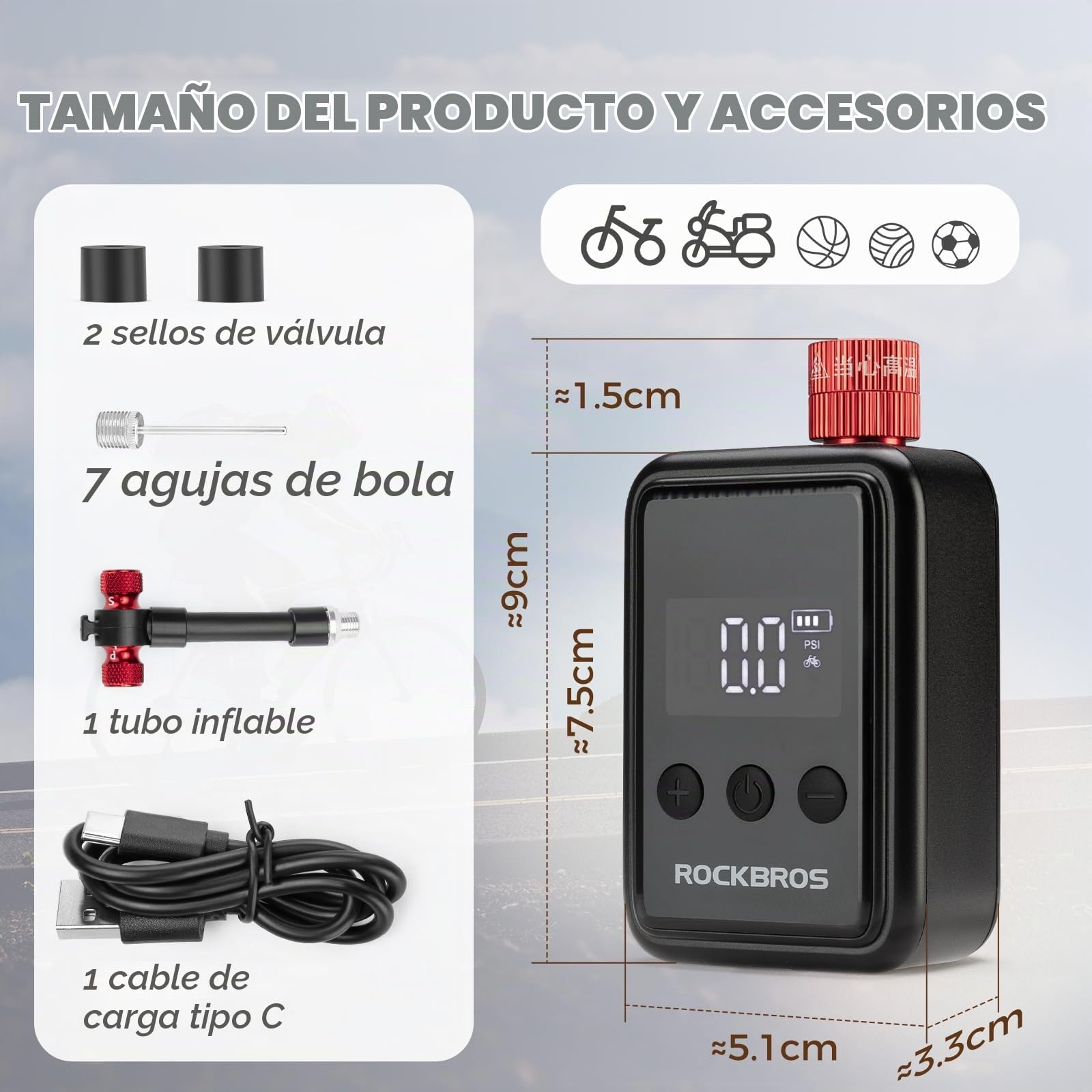 ROCKBROS Mini Bomba Eléctrica Bicicleta, 150PSI Bomba Aire Portátil Válvula Presta Schrader con Pantalla LED para Inflar Neumáticos de Bicicleta Carretera MTB Pelotas