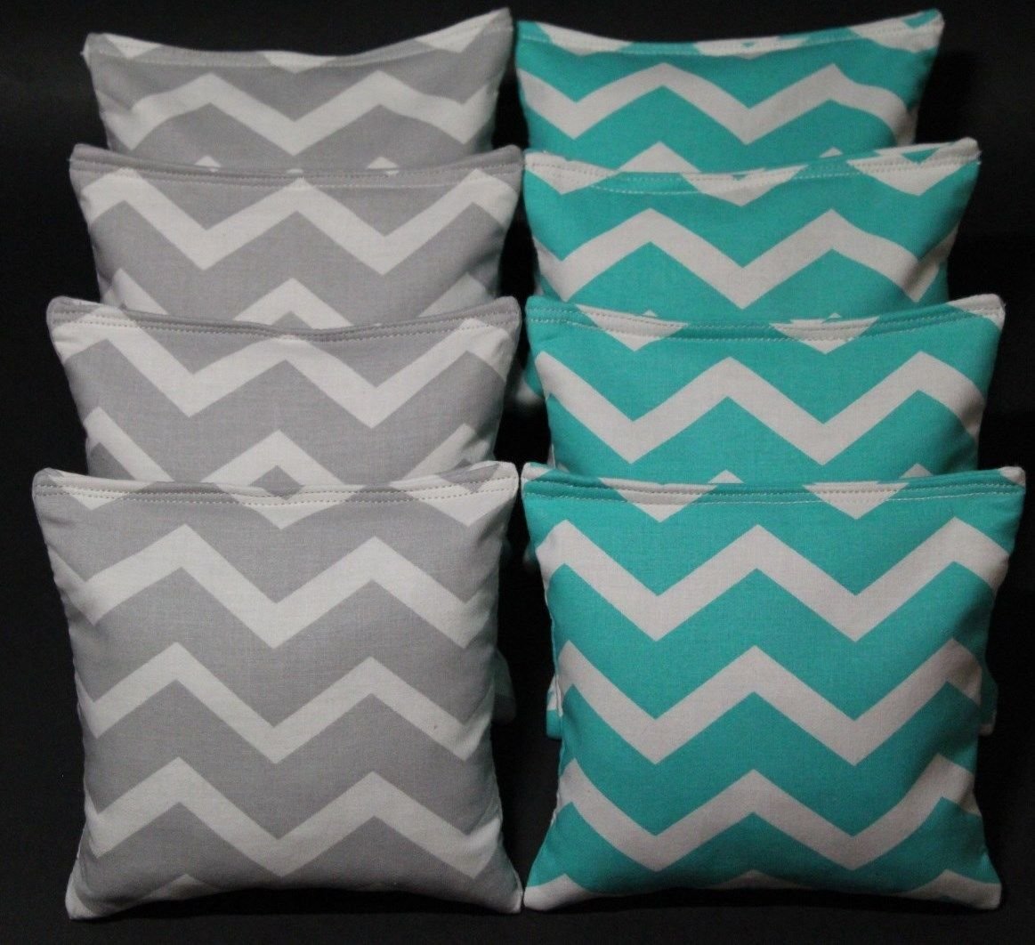 BackYardGamesUSA Cornhole Bean Bags Chevron Silver Gray & Aqua Green 8 ACA Regulation Bags Fun!