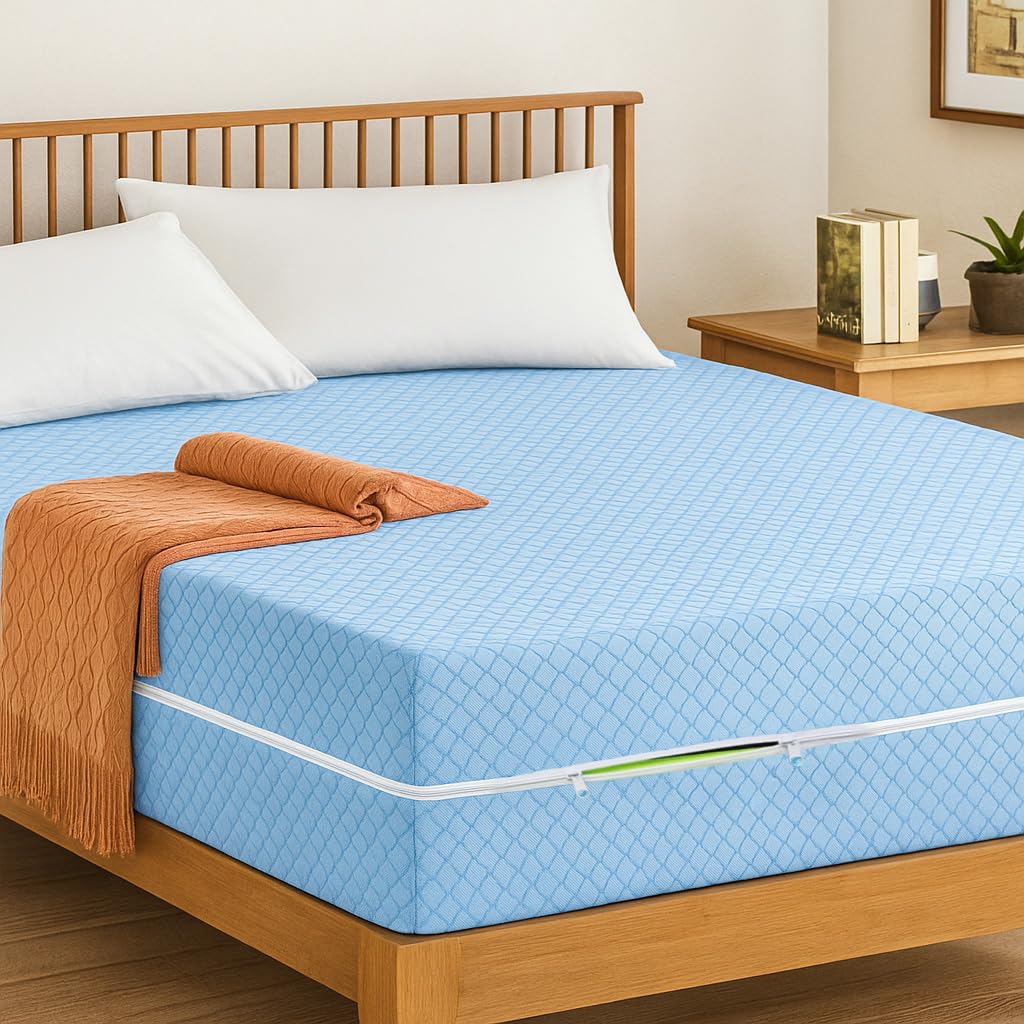 Premium Zipped Mattress Protector Full Encasement Anti Bed Bug Mattress Zip Cover 30cm Deep & Hypoallergenic Matress Covers with Double Side Zipper Closure (Blue, Double)