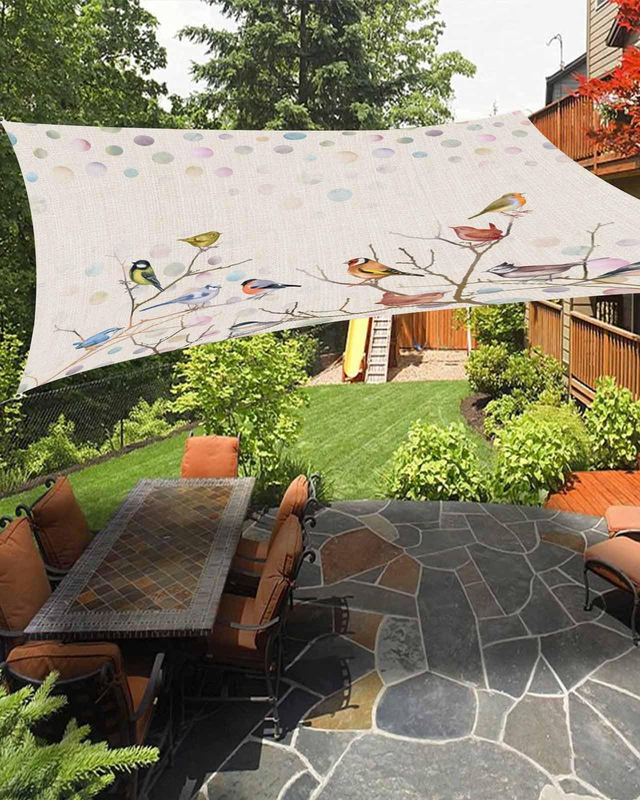 Birds Beige Sun Shade Sail Waterproof Rectangle, UV Block Sail Shade Canopy Awning Outdoor Privacy Shade Cover for Patio Pergola Deck Backyard 14'x18' Boho Vintage Tree Branch Bohemia Ombre Dots