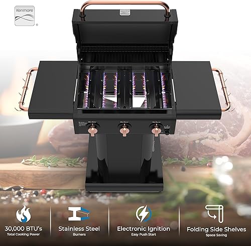 Miniatura 3 de Kenmore Parrilla de gas de 3 quemadores Mesas laterales plegables, rejillas de cocción de hierro fundido, rejilla de calentamiento, ganchos para