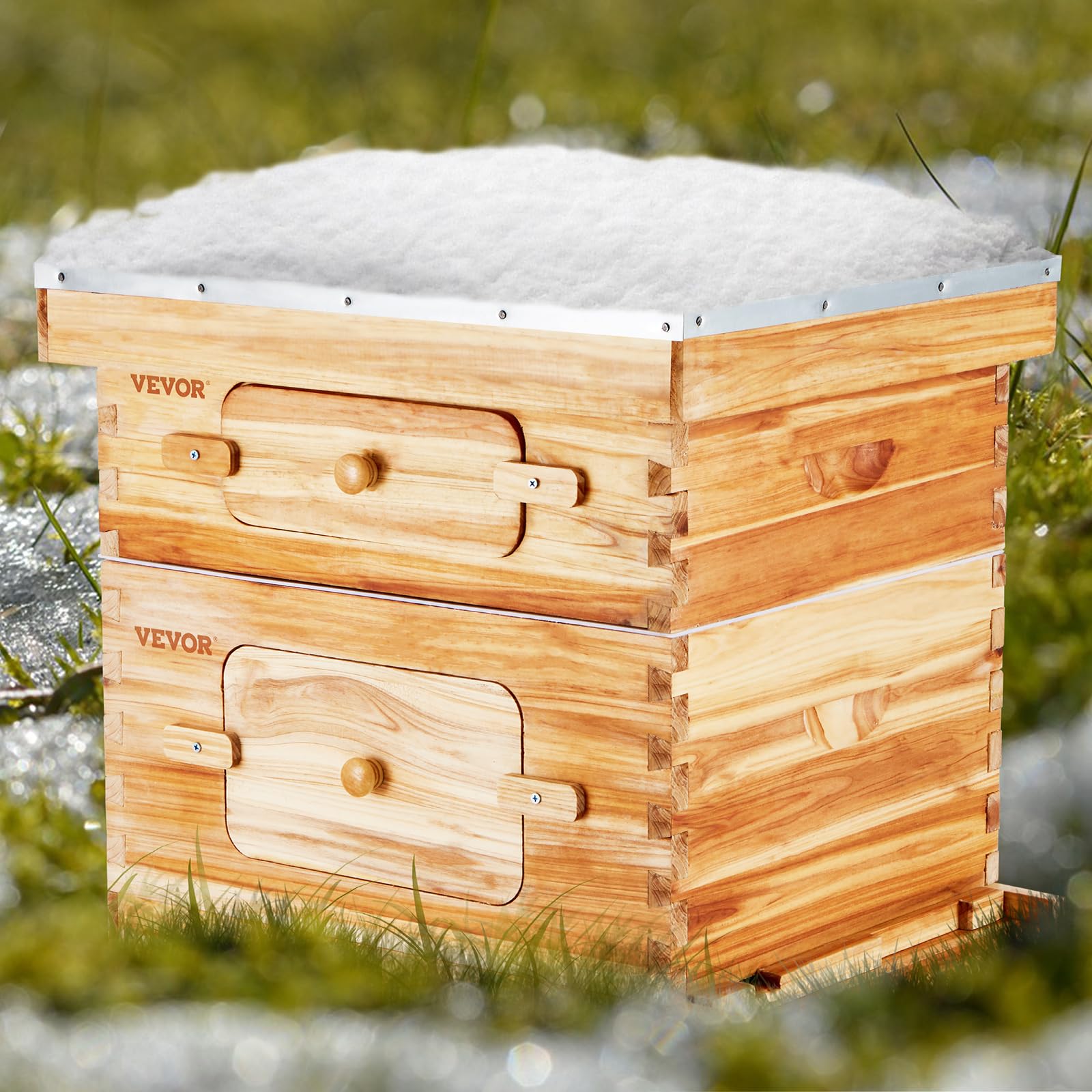 VEVOR Scatola Alveare, 20 favi, Alveare per lucioperca, Legno di cedro rivestito con cera d'api, 1 Scatola per api profonda + 1 Media, Set di alveari Langstroth, Finestre in acrilico trasparente