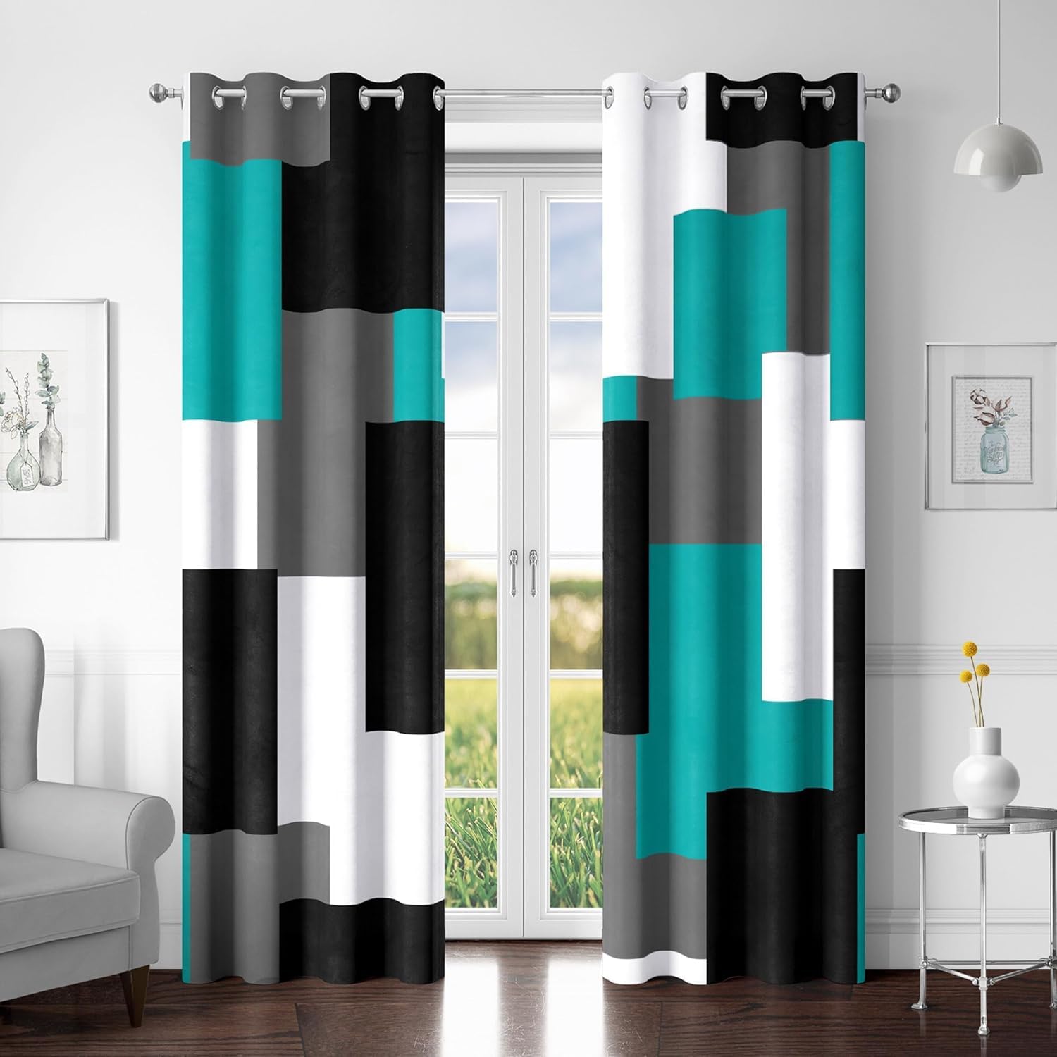 Tyrot Teal/Turquoise 100% Blackout Curtains for Bedroom 63 inch Length 2 Panels Set Black White Grey Modern Abstract Geometric Black Out Curtains Room