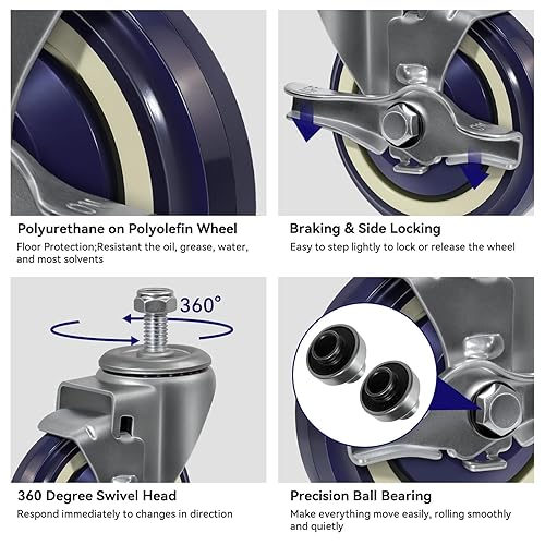 Miniatura 3 de NINOSO Ruedas de alta resistencia de 4 pulgadas, ruedas giratorias con freno de placa bloqueable, ruedas giratorias con rueda de poliuretano para