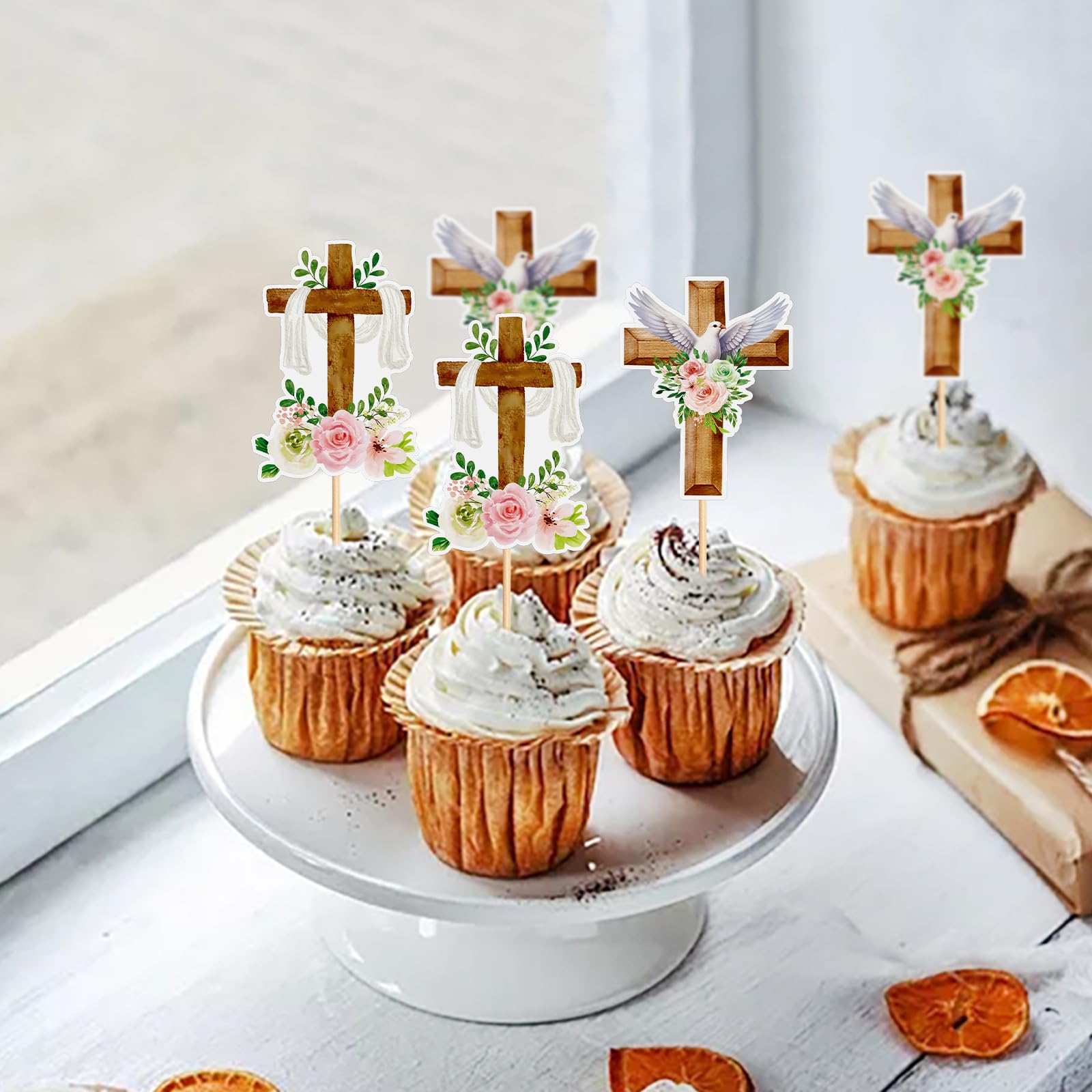 24 Pack God Bless Cupcake Toppers God Bless Cross Baptism Cupcake Picks Baby Shower Baptism Party Decorations Supplies Sliver (print)