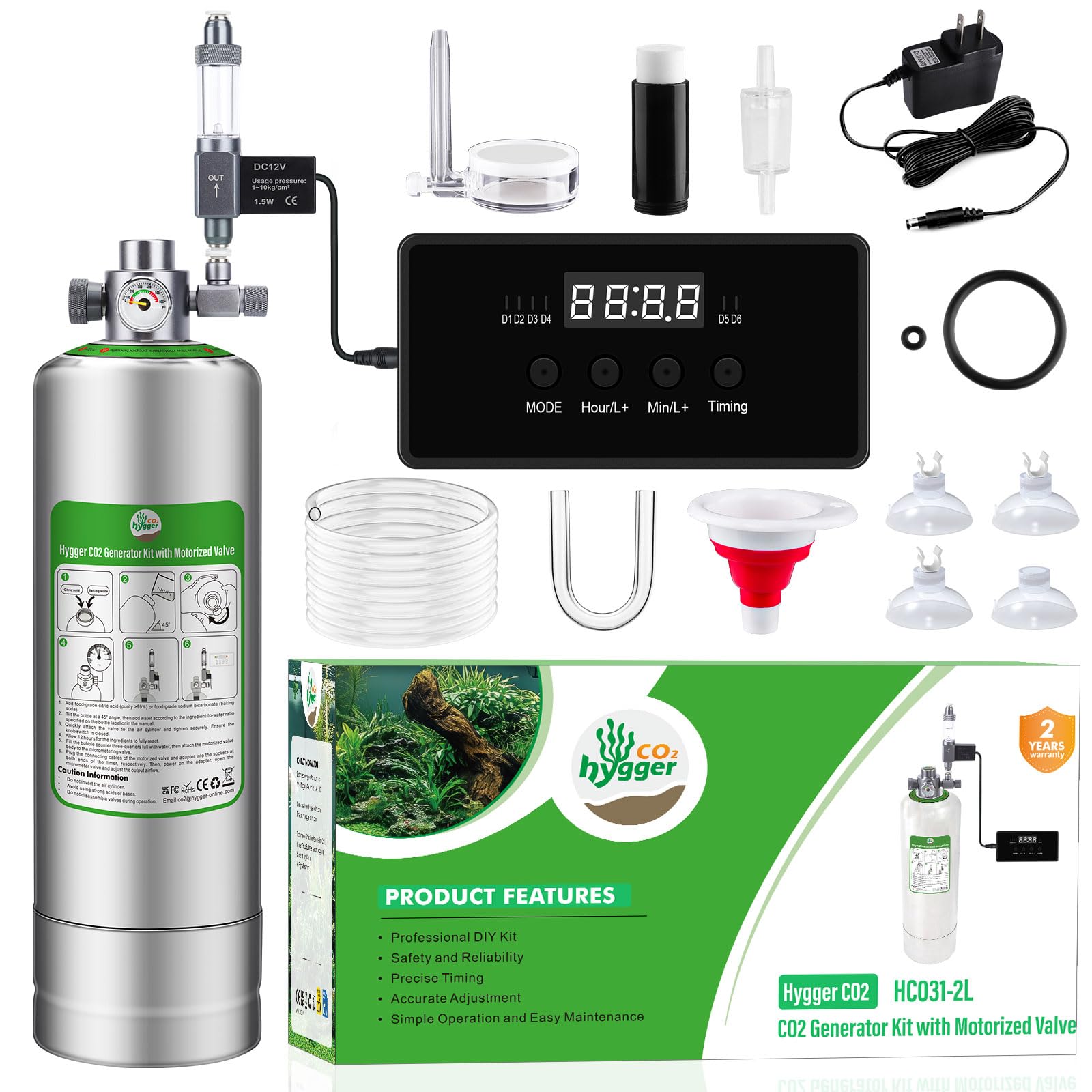 Upgraded 2L Aquarium CO2 Generator System with Timer-Enabled Motor Valve, Upgrade CO2 System Kit with Quick-Release Structure for Aquarium Plants Tanks (2L)
