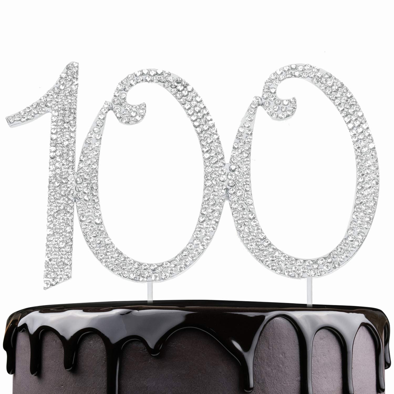 LINGPAR100 Years Birthday Cake Topper - New Best Crystal Rhinestone 100th Wedding Anniversary Or 100 Years Old Cake Topper Party Decoration Silver