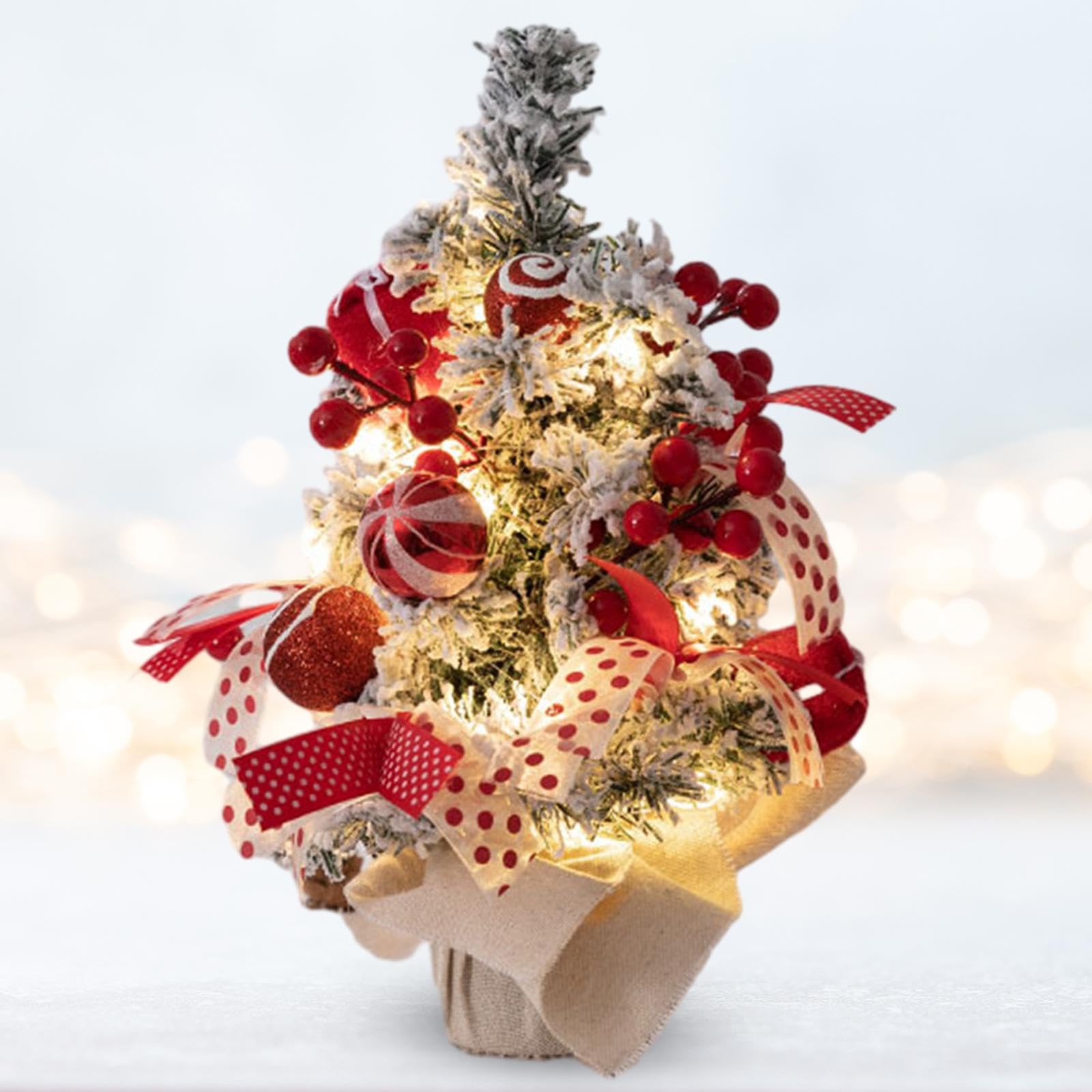 Oshhni Mini-Weihnachtsbaum mit LED-Lichtern, Tisch-Weihnachtsbaumschmuck für Zuhause, Büro, Zuhause, Küche, Esstisch-Dekoration, rot und weiß 30cm