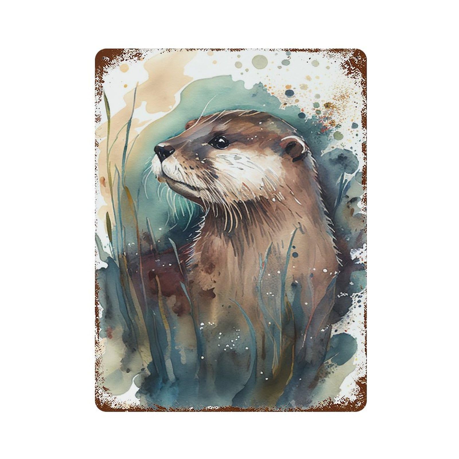 Otter Watercolor Weathered Tin Sign 15.7"x11.8", Rustic Home Decor for Garage, Bar And Workshop Decor
