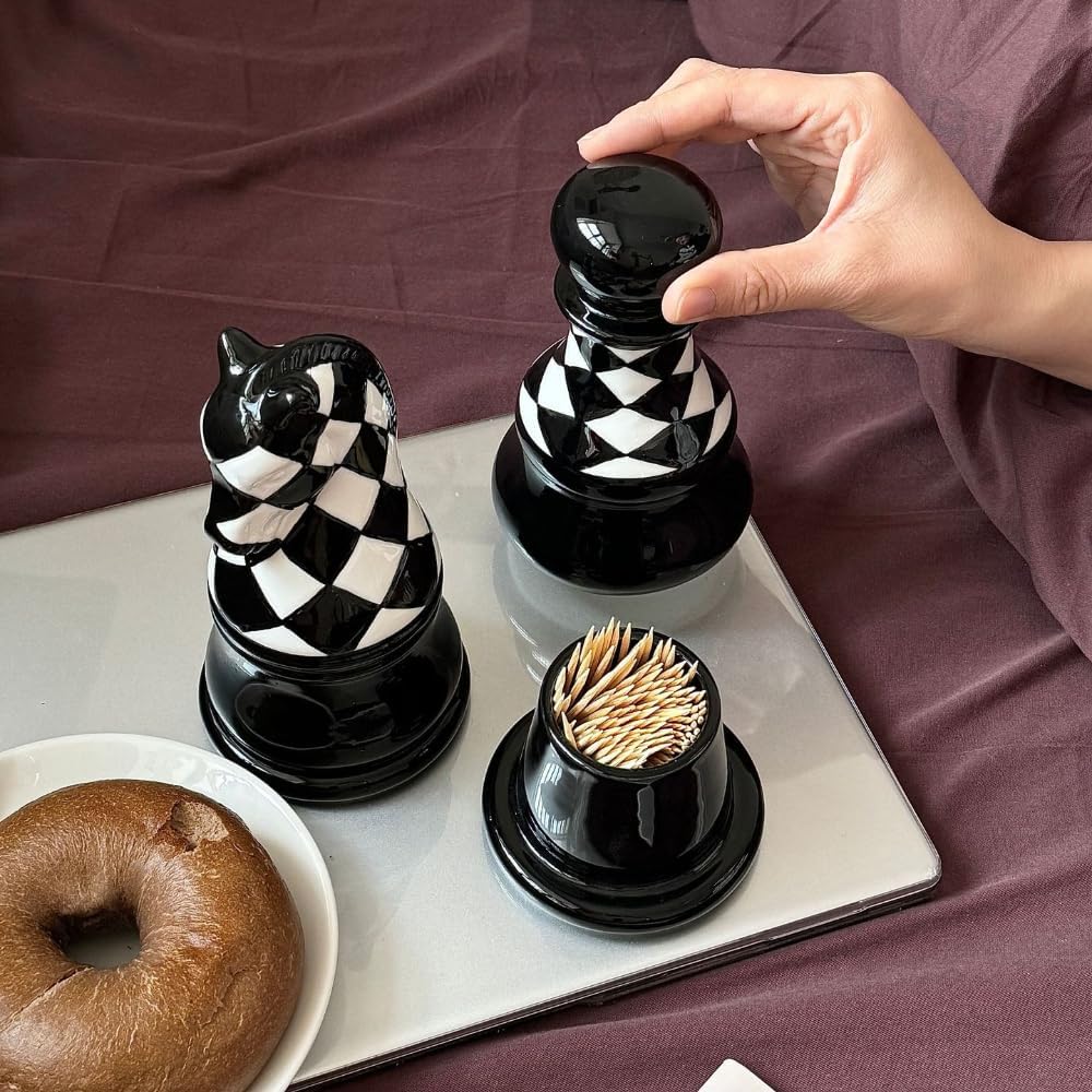 Toothpick Jar Ceramic Chess Home Living Room Dustproof Dental Floss Cotton Swab Storage Black And Checkered Desktop Box (Soldier)