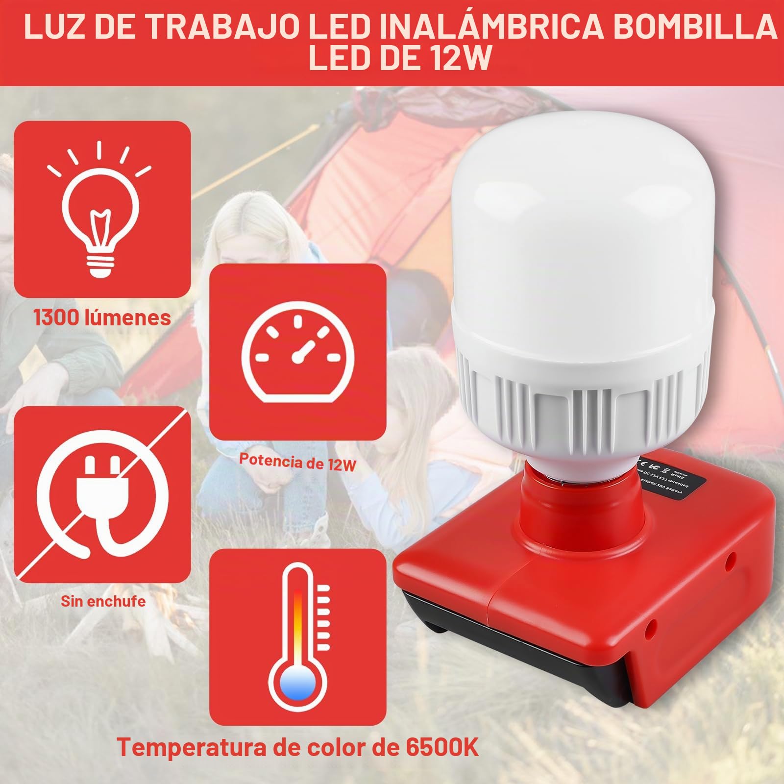 Lámpara con batería para Einhell de 18 V, batería: 12 W, lámpara de trabajo con bombillas E27, foco LED ajustable de 150 a 1300 lm, foco LED para camping, emergencias