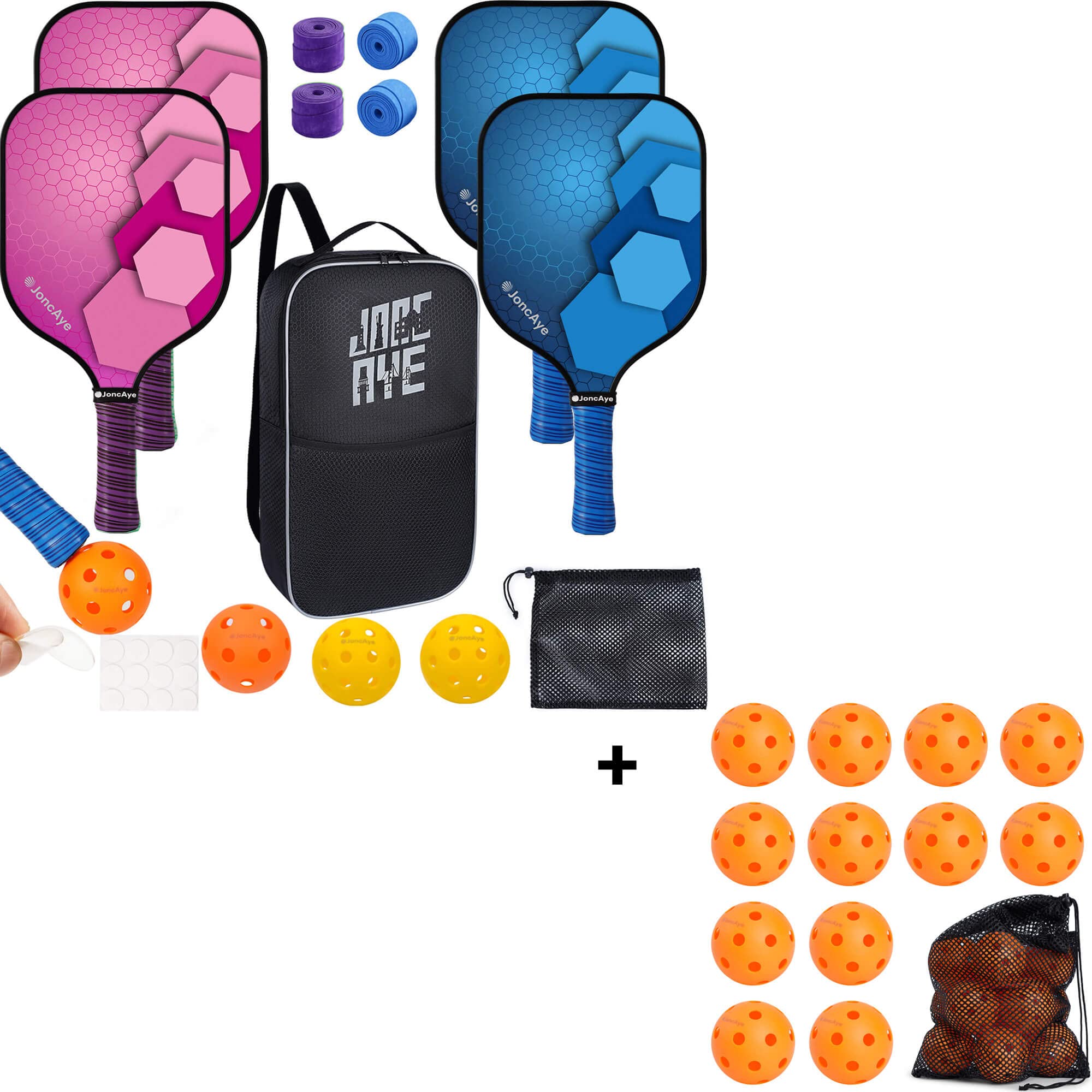 Pickleball Bundle, JoncAye Pickleball-Paddles-Set-of-4 with 16 Balls, 1 Racket Bag, 2 Ball Bag, 4 Grip Tapes, 12 Ball Retriever | Pickle-ball Starter Set of Racquets and Accessories | Pickleball Gifts