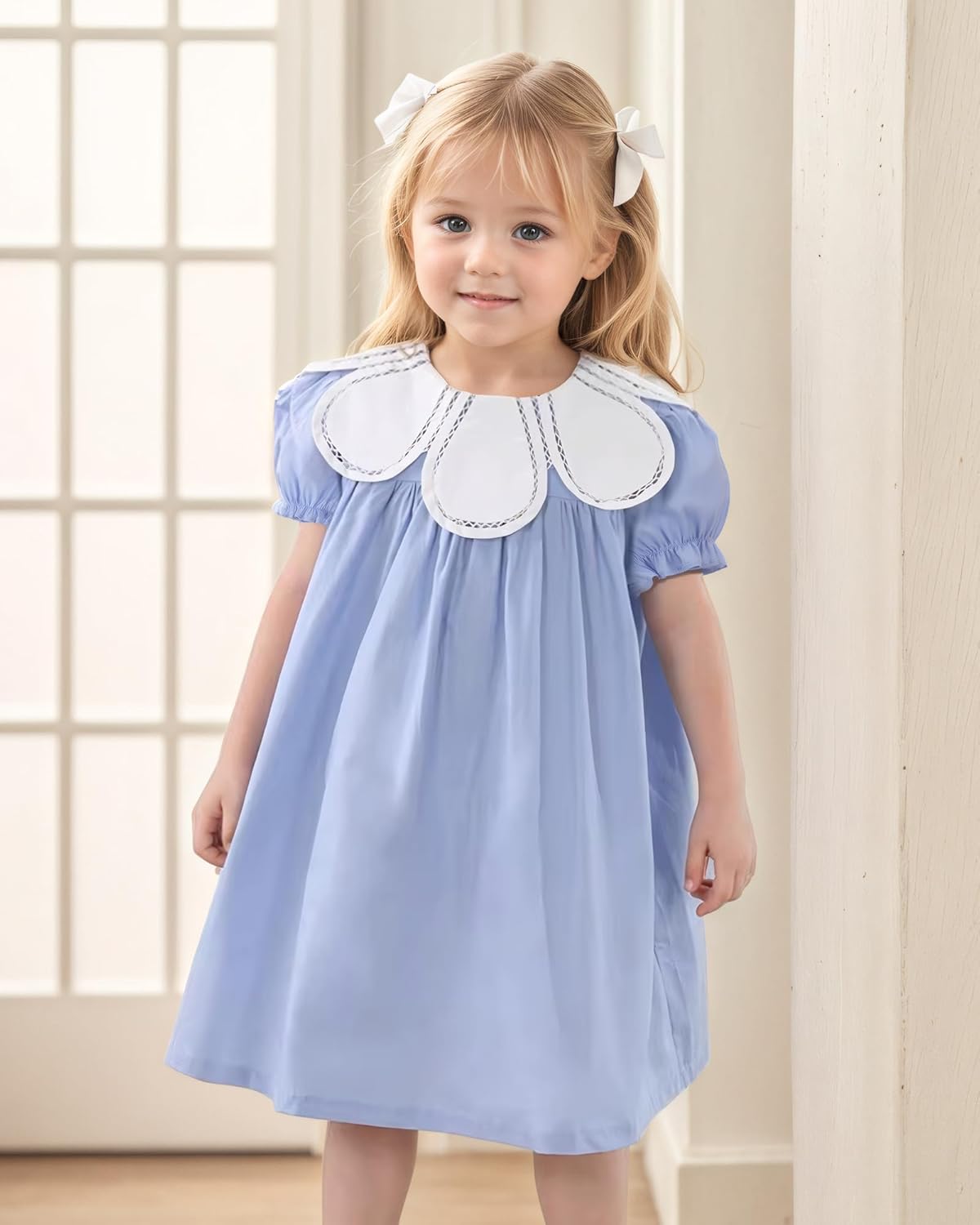 Toddler Baby Girls Casual Cotton Dress with Smocked Flower Collar Kids Vintage Dresses with Shortsleeves for Holiday Birthday - Image 2