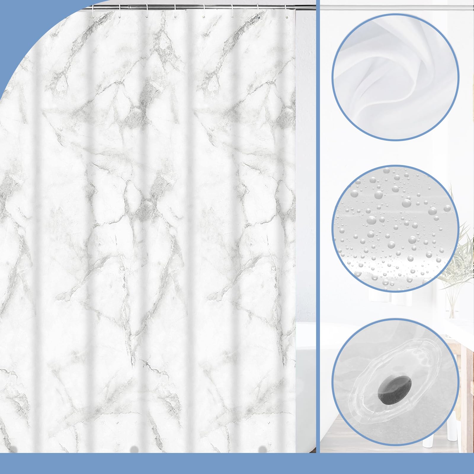 PEVA Shower Curtain 180x180cm,Heavy Duty Plastic Marble Pattern Weighted Shower Curtains Mould Proof Resistant Waterproof Bath Curtains with 12 Hooks for Wet Room,Bathroom,Shower Stall,Bath Tub - Image 2
