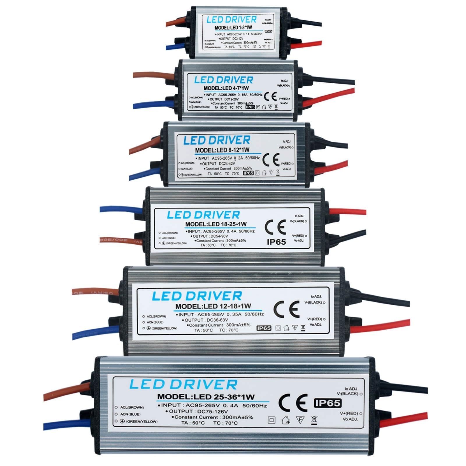 Sterownik LED 1-3 W, 4-7 W, 8-12 W, 12-18 W, 18-24 W, 25-36 W, AC95 V-265 V, zasilanie 300 mA, wodoodporny transformator oświetleniowy IP65 (8-12 W DC24-42V)