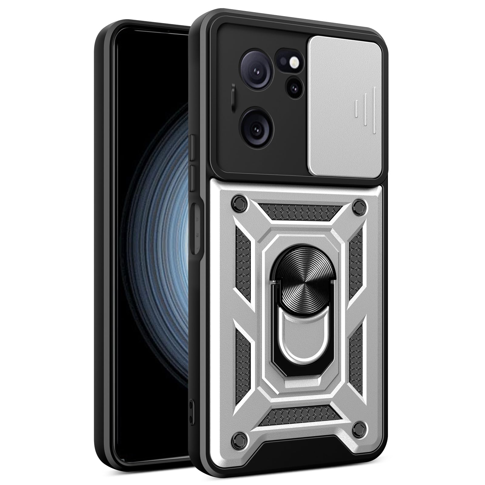 Coque Xiaomi 13T antichoc argentée avec protège-caméra et anneau magnétique - 8
