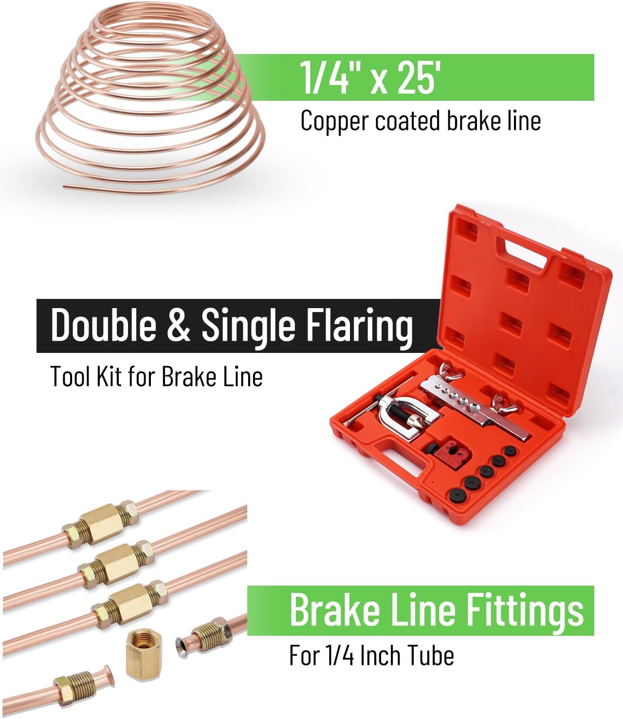 25 ft 1/4" Copper Coated Brake Line Kit (Includes 16 Fittings and 4 Unions Brake Line Fittings) + Brake Line Double & Single Flaring Tool Kit