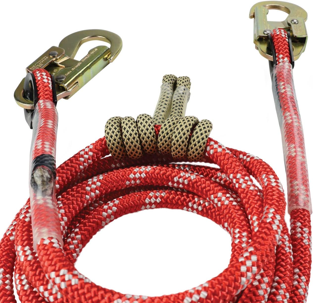 The Red-3 2-in-1 Prusik Positioning Lanyard for Climbing & Fall Protection - Static Kernmantle Rope 1/2 inch Diameter x 15 ft, 5,400 lb MBS - 2 Steel Safety Snap Swivels