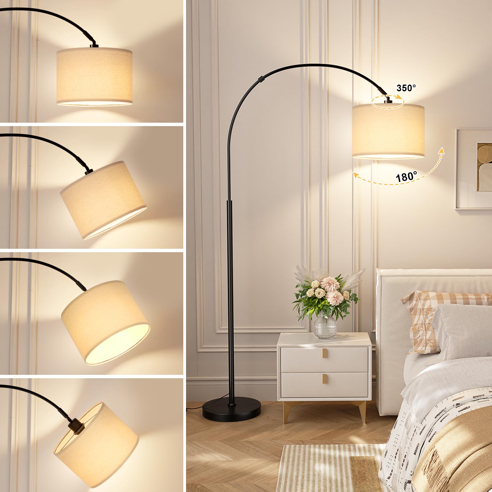 Stehlampe Wohnzimmer Dimmbar Bogenlampe, LED E27 Leselampe mit Fernbedienung 3000K-6000K, Vintage Standing Lamp Standlampe für Schlafzimmer, 350°Drehbarer Lampenkopf, 180cm, Beige