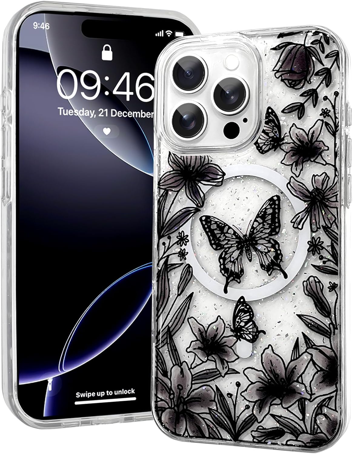 Magnetic for iPhone 16 Case [Compatible with MagSafe] Luxury Shiny Glitter Flower Floral Butterfly Pattern Design, Clear Sparkly Bling Shockproof Protective Cover for Women Girls