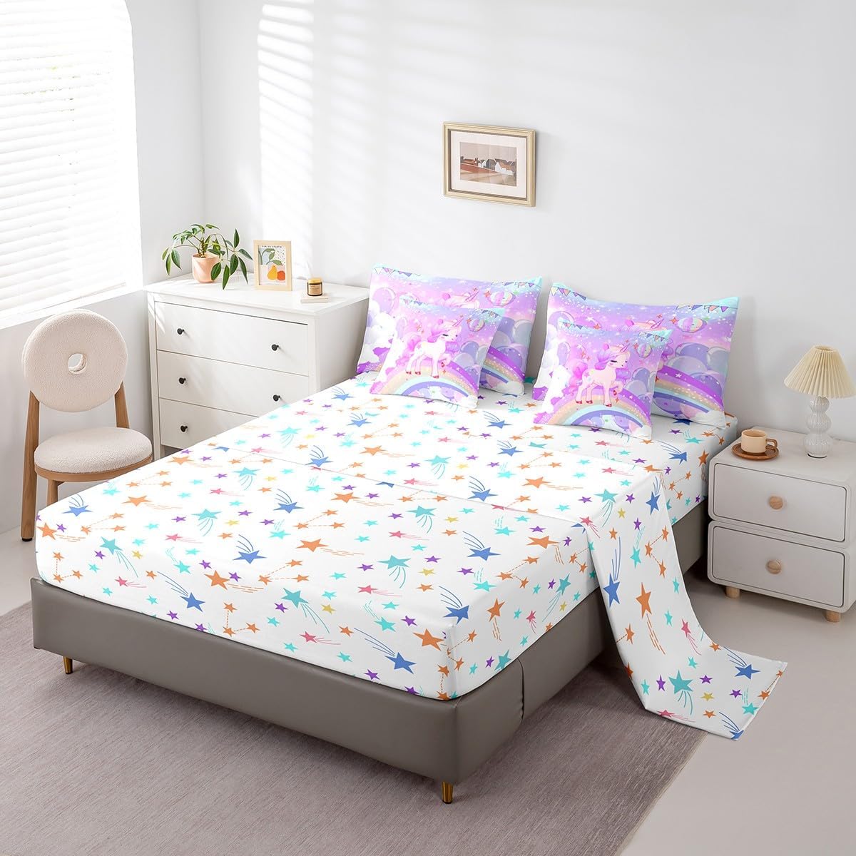 Feelyou Unicorn Girls Bed in a Bag Queen Size Kawaii Cute Rainbow Unicorn Comforter Set with Sheets Cartoon Stars 7 Piece Bedding Set Kids Children Purple Unicorn Animal Room Decor 2 Pillowcases
