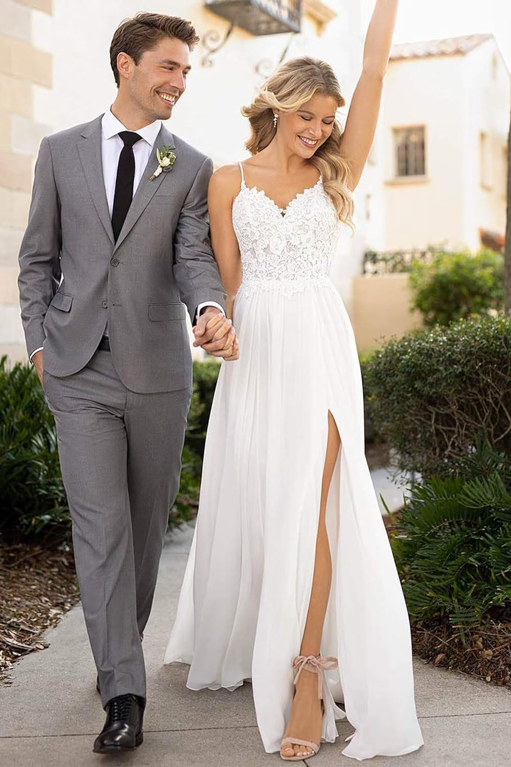 Brautkleider Lang Schlicht Elegant Standesamt Spaghetti-Träger Chiffon Hochzeitskleider Spitze Prinzessin Brautkleid