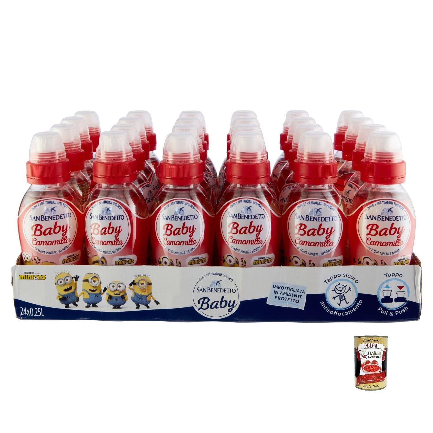 24x San Benedetto Baby Camomilla Fragola,Kamille mit Erdbeergeschmack,Kohlensäurefreies Getränk in Natürlichem MineralwasserPull-Push, 25cl + Italian Gourmet Polpa di Pomodoro 400g Dose