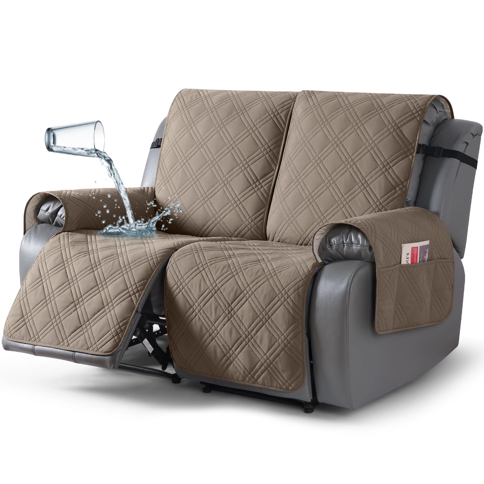 TAOCOCO 100% Waterproof Loveseat Recliner Covers 2 Seater, Split Loveseat Covers for Reclining loveseat, Non Slip Reclining Couch Cover with Double Straps for Kids, Pets(2 Seater, Gray Taupe)