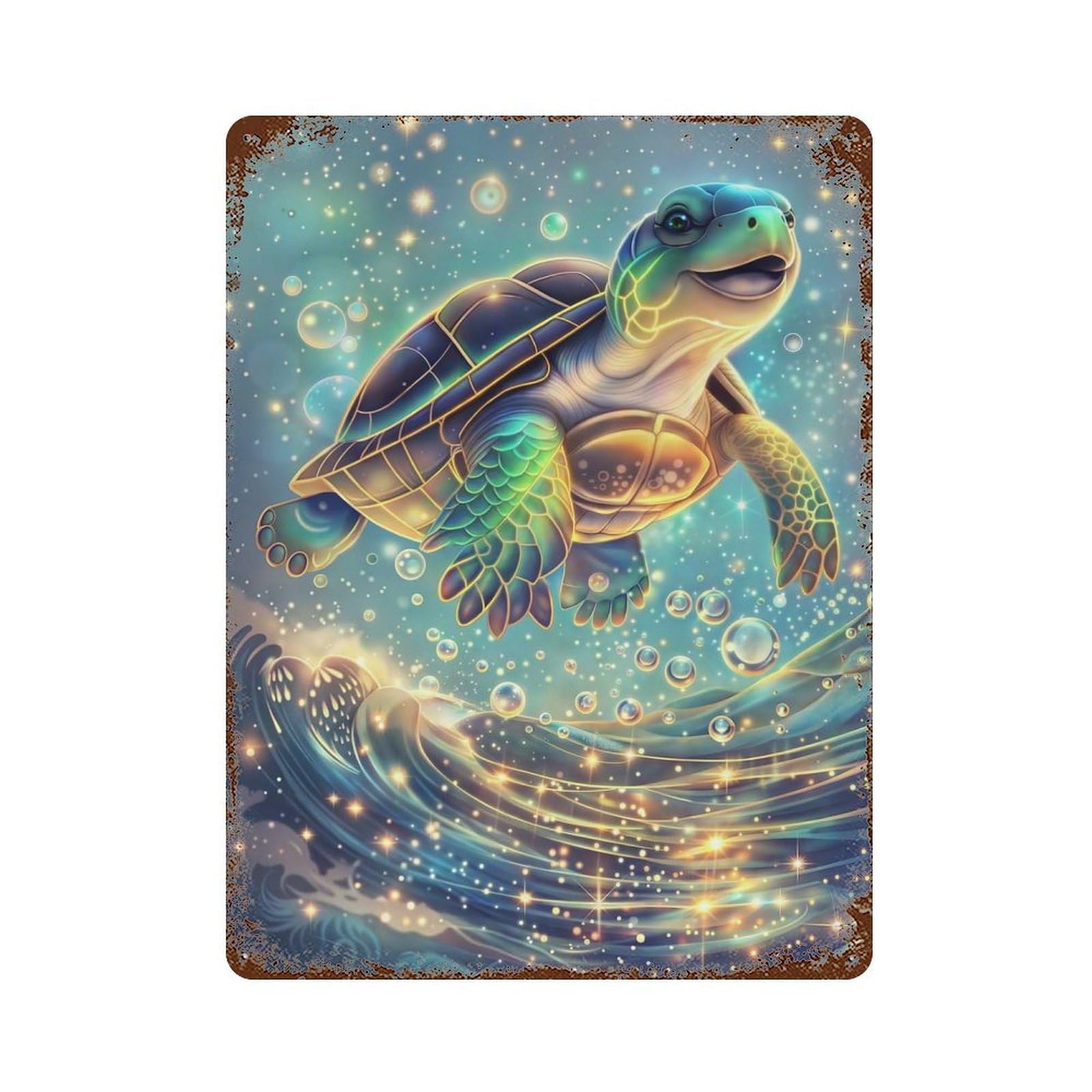 Sea Turtle in Starry Ocean Rusty Metal Tin Sign 15.7"x11.8", Ideal for Farmhouse, Kitchen And Entryway Decor