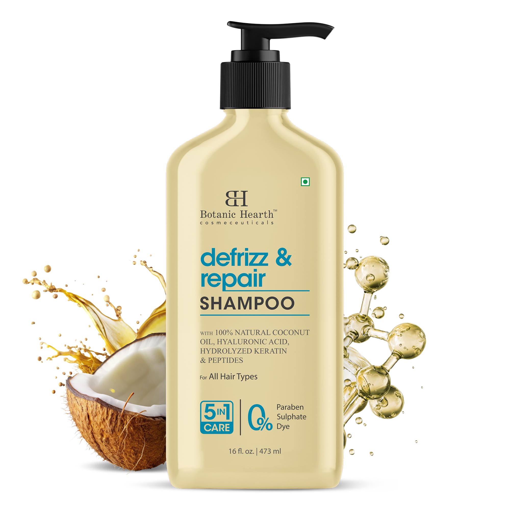 Botanic HearthDefrizz & Repair Shampoo 16 fl. oz | 100% Natural Coconut Oil, Hyaluronic Acid, Hydrolyzed Keratin & Peptides | Frizz Control & Strengthening | Paraben & Sulfate-Free