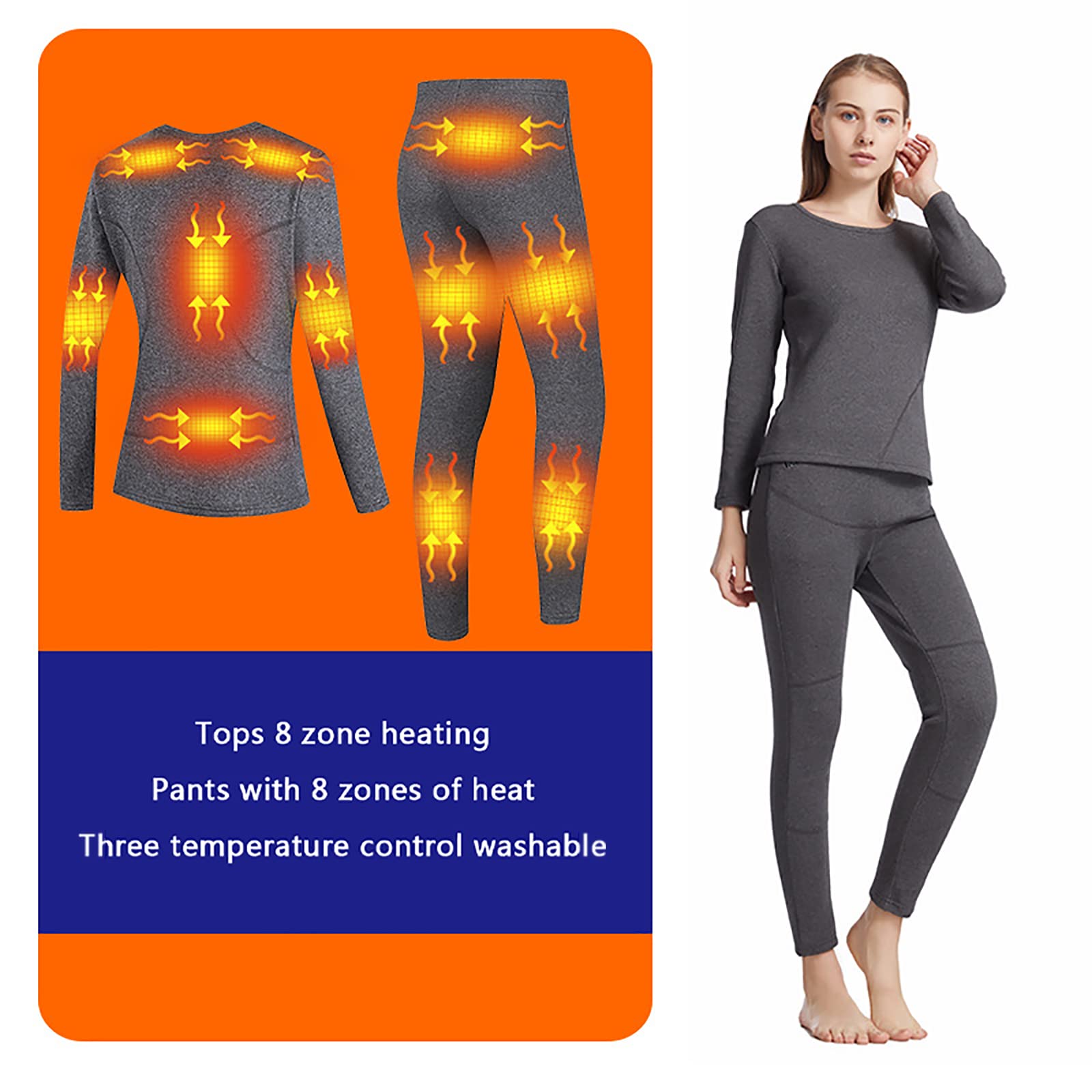Conjunto de Ropa Interior Térmica Calefactables para Hombre Mujer Ropa Térmica Eléctrico Ciclismo Esquí Set de Ropa con 3 Configuraciones de Calor Lavable Camiseta y Pantalón,Gray,M